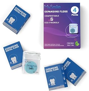 MySmile Floss, Coconut Oil Infused Woven Dental Floss, Expanding Floss, Waxed, Mint, Dental Flossers for Adults & Kids, Vegan and Cruelty-Free, Travel Floss, 50 Yards, Pack of 4