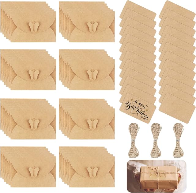 170Pcs Kraft Mini Cards and Envelope 7x10cm Mini Present Cards with Small Gift Envelopes Handmade Seed Envelopes with Butterfly Clasp Gift Card Envelopes with 5m Twine for Birthday Christmas Wedding