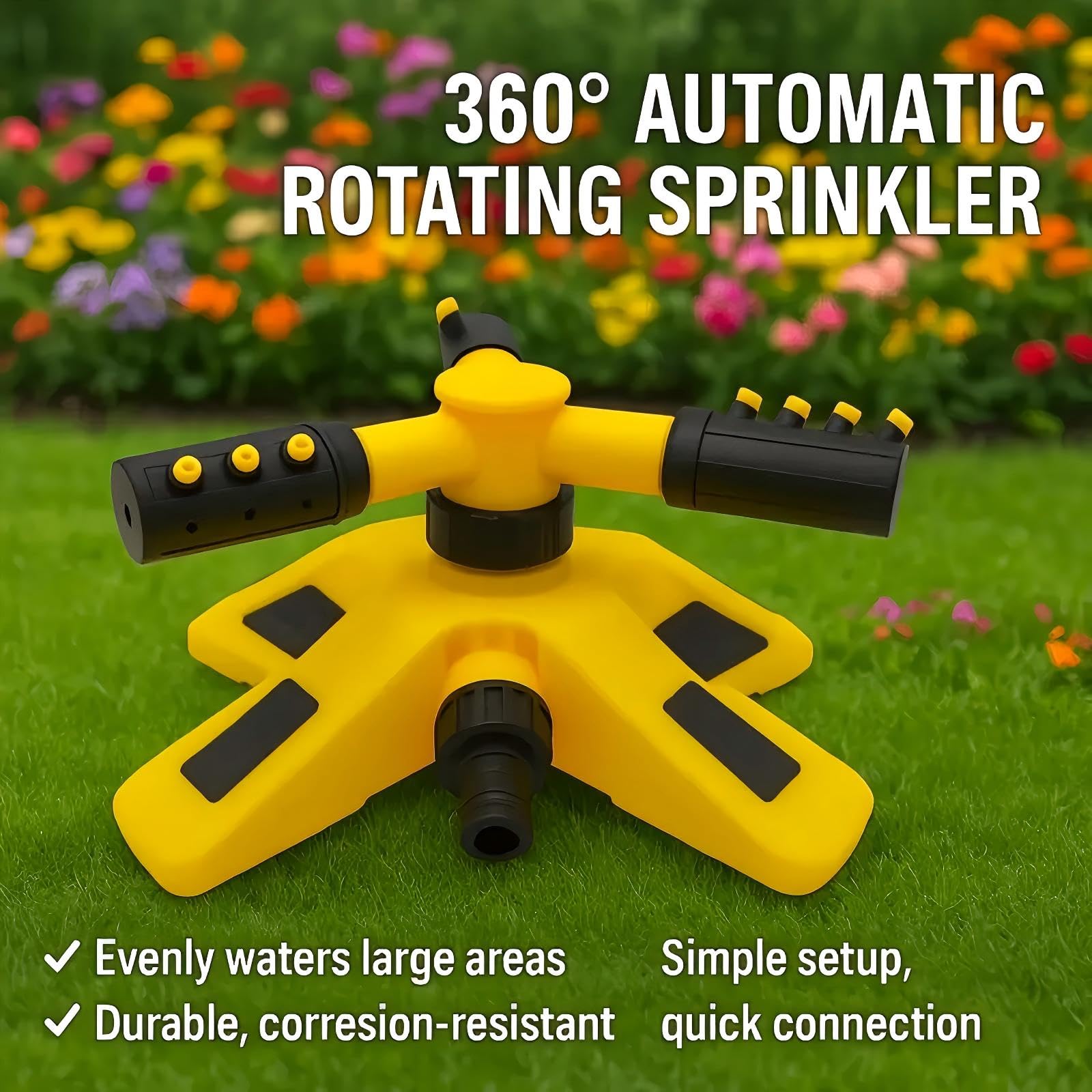 Irrigatore da giardino rotante automatico a 360° per prati, irrigatore da giardino oscillante a 3 bracci con attacco per tubo, sistema di irrigazione automatico per erba (giallo, set da 1,3 cm (15 m)