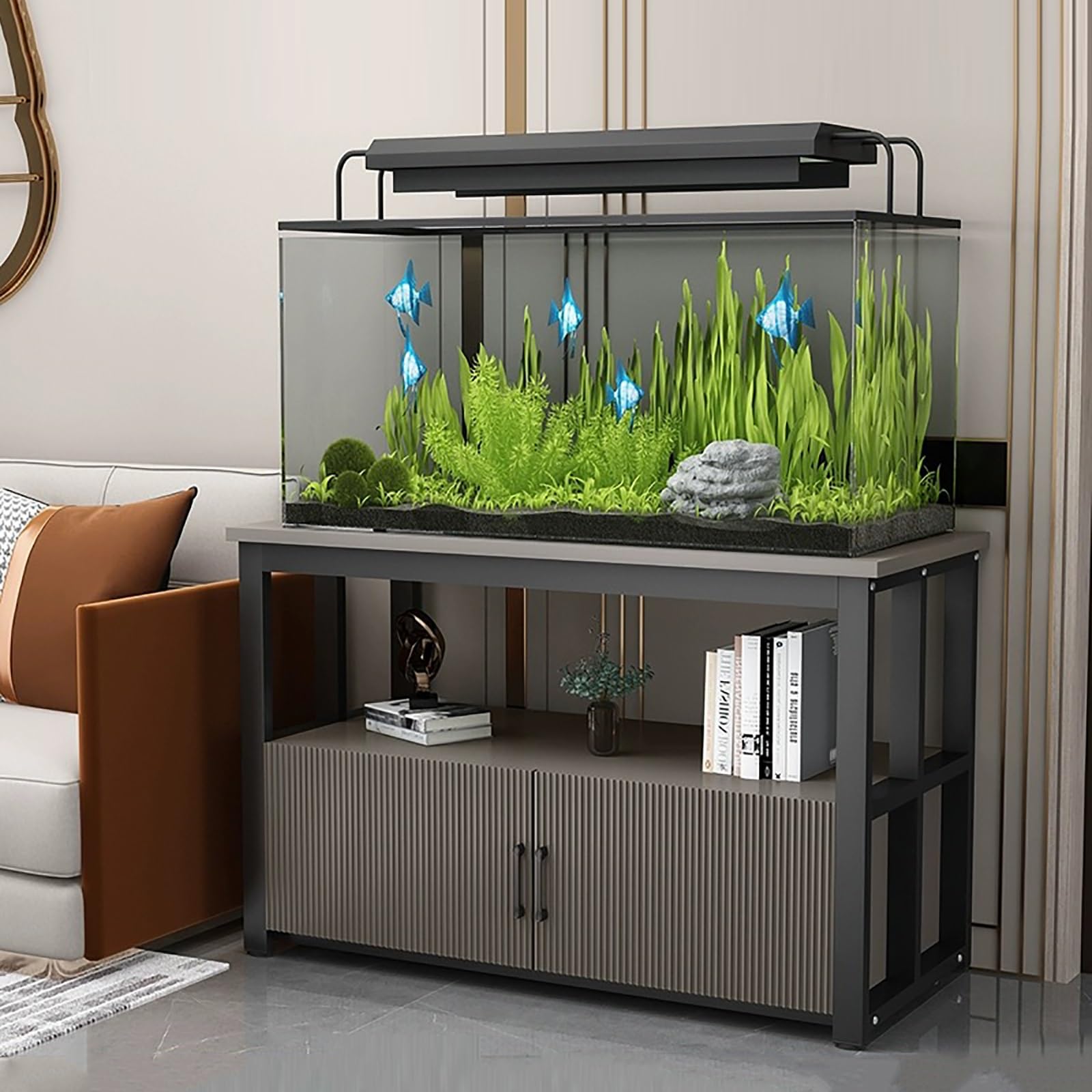 Aquarium à trois niveaux avec armoire de rangement en métal noir robuste