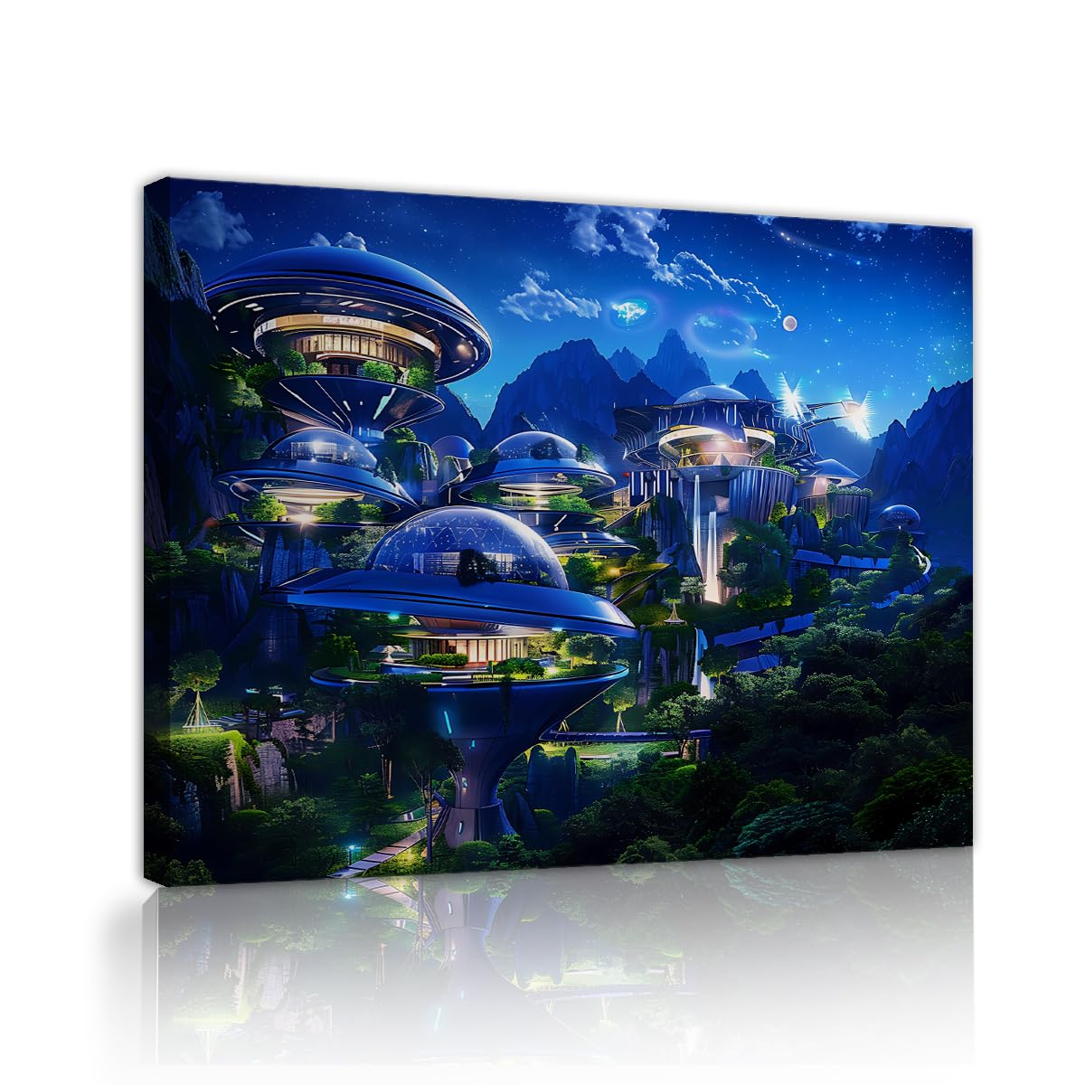 Via Vela Ciencia ficción futurista lienzo de la ciudad de montaña arte mural carteles de arquitectura pintura de paisajes urbanos mural grabado para decoración del salón 75x100cm