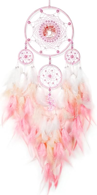 Large Dream Catchers,Crystal Life Tree,Dream Catcher for Girls,Sun Catcher,Dream Catchers for Adults,Boho Bedroom Decor,Handmade Feather Wall Decor Hanging Ornament,Hippie Gifts (Pink)