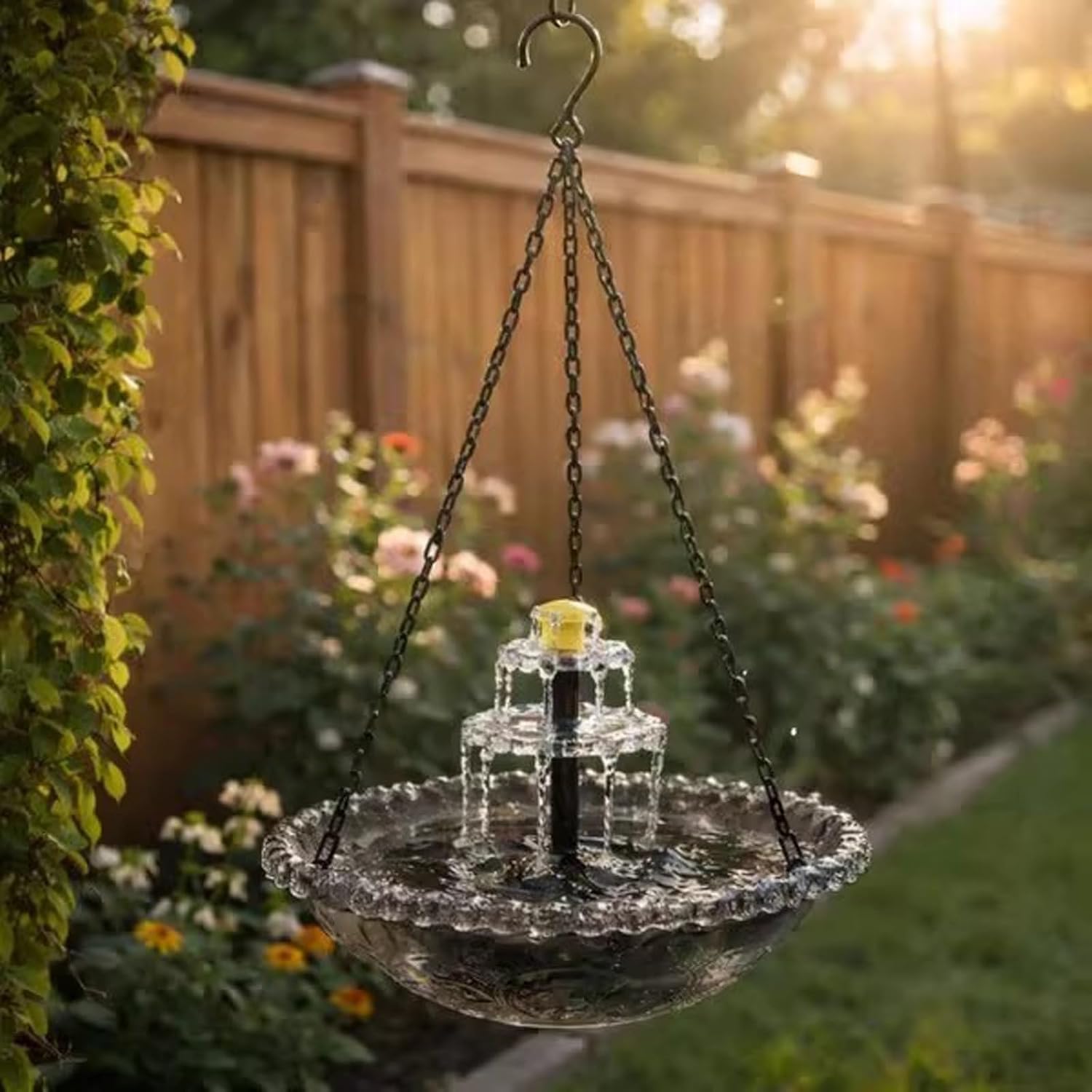 Solar Cascade Hanging Bird Bath Fountain, 3 Layers Outdoor Water Feature, 9.2" Glass Basin with Solar Powered Pump, for Garden Yard Patio(Blue)