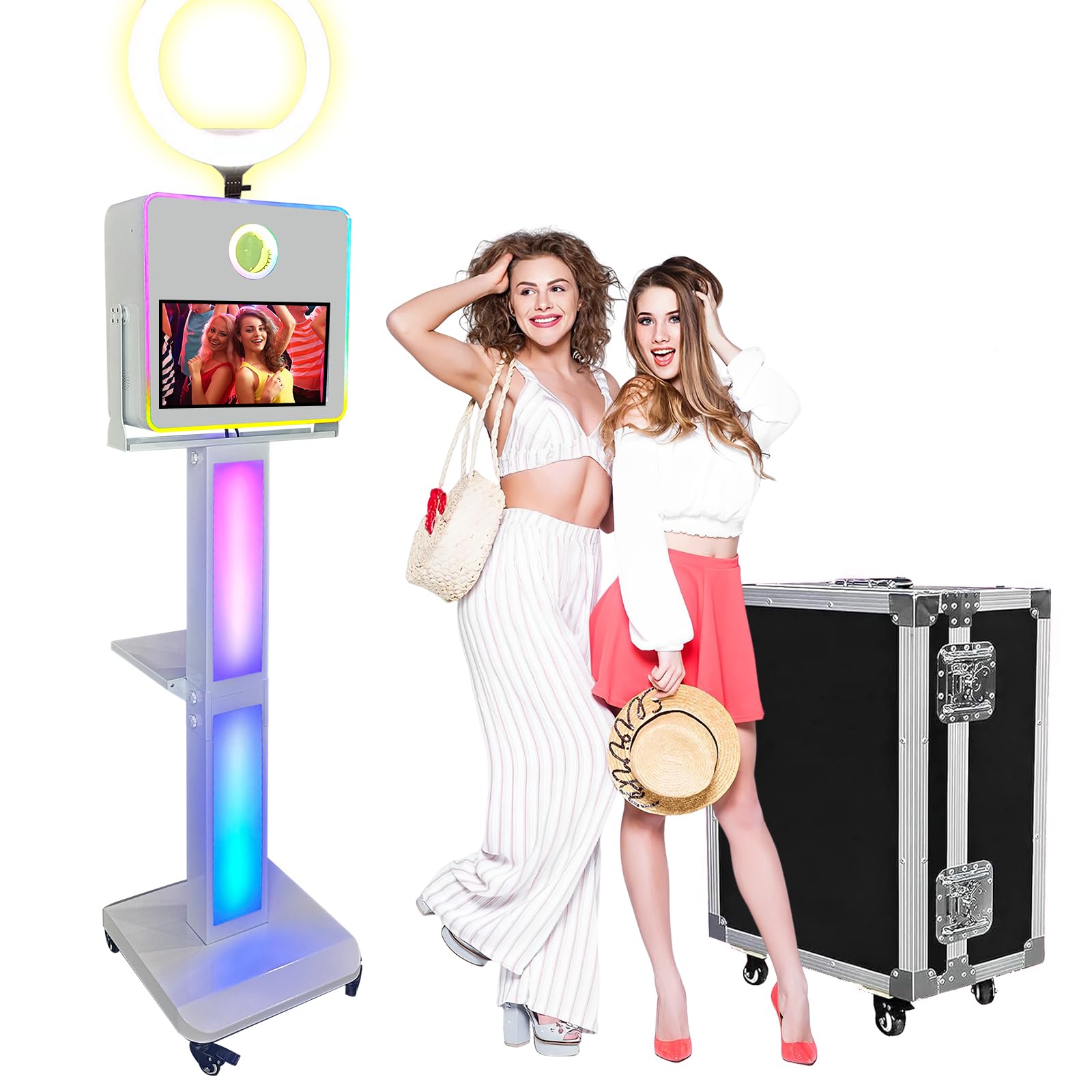 Máquina de fotomatón DSLR con pantalla táctil de 15.6 pulgadas, cabina de fotos selfie de impresión instantánea incluye anillo de luz RGB y funda de vuelo para bodas, fiestas y eventos