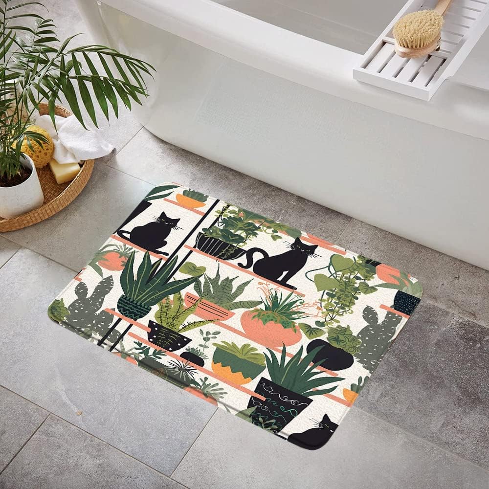 Plants and Cat Bath Mat Black Kitty Cats Stall and Boho Potted Green Cactus Leaf Tropical Succulents Abstract Greenhouses Garden Memory Foam Bathroom Kitchen Rug, 23.6x59 Inch