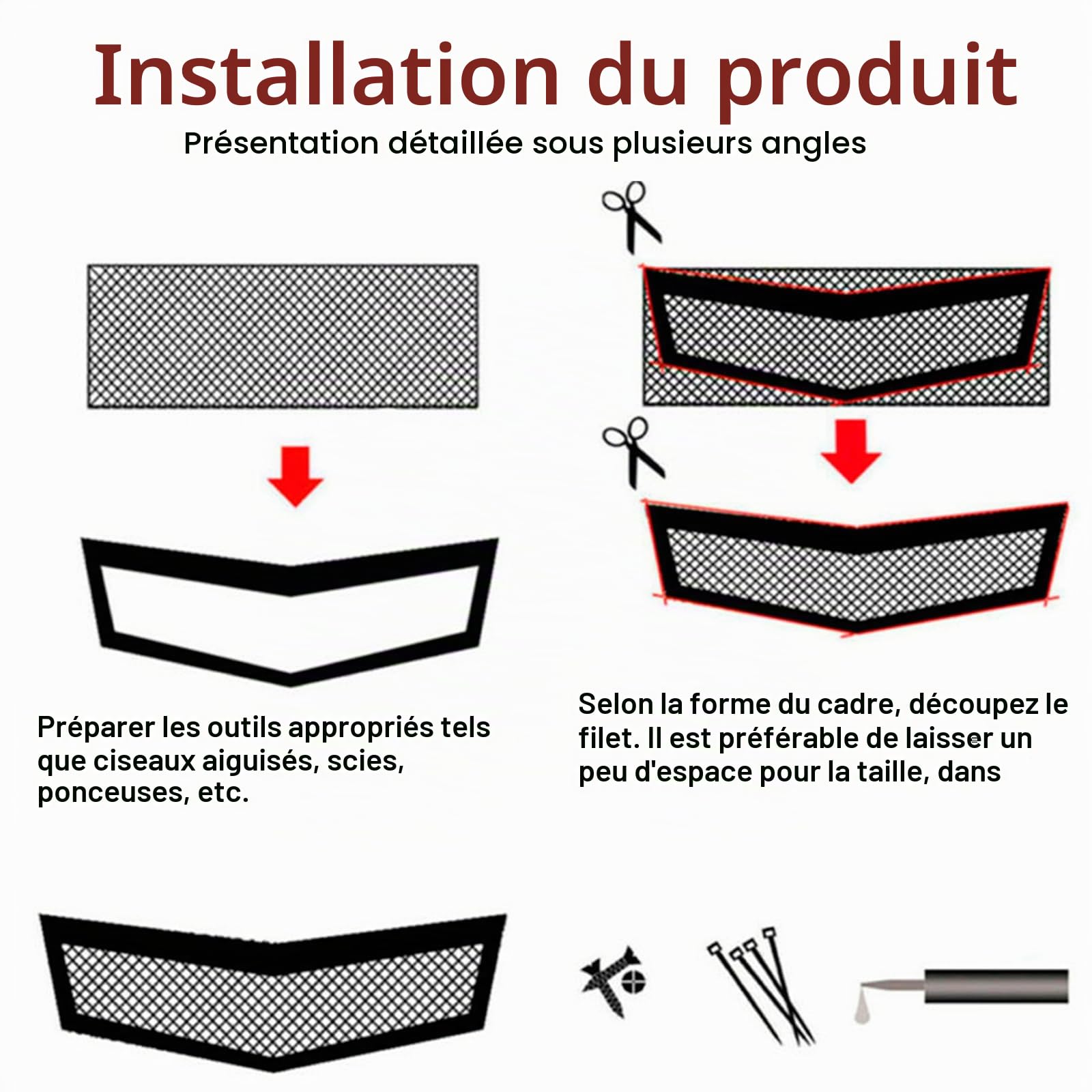 CKN-HT55 Grille métallique universelle en aluminium nid d'abeille, pour voiture, en alliage d'aluminium, avec ciseaux et gants, 100 x 33 cm, noire