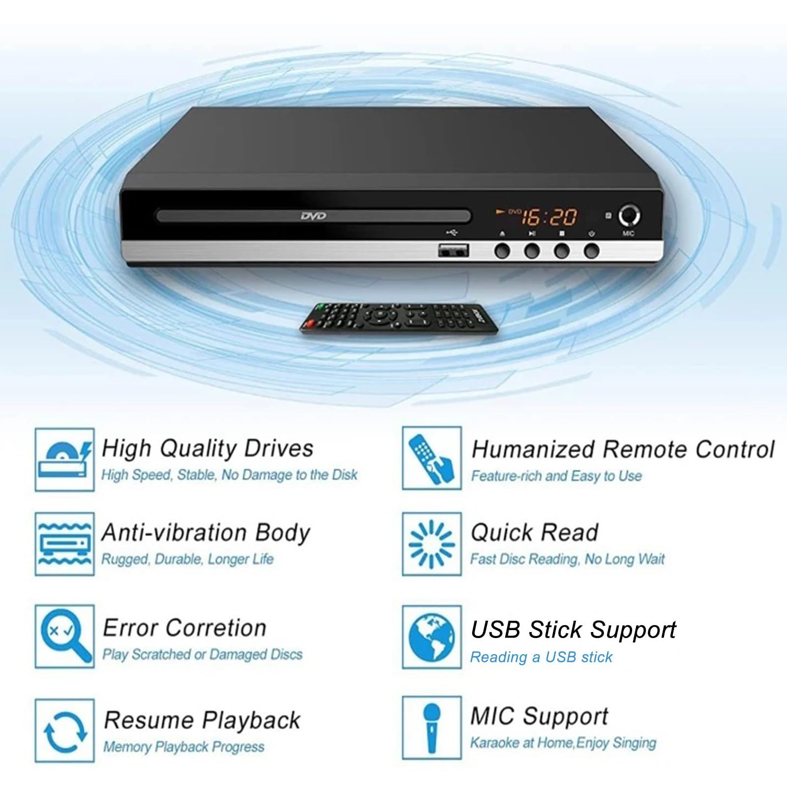 Lettore DVD HDMI per TV, USB 3.0, masterizzatore/masterizzatore DVD portatile con uscita AV per anziani, lettore CD per impianto stereo domestico, cavo HDMI e RCA incluso