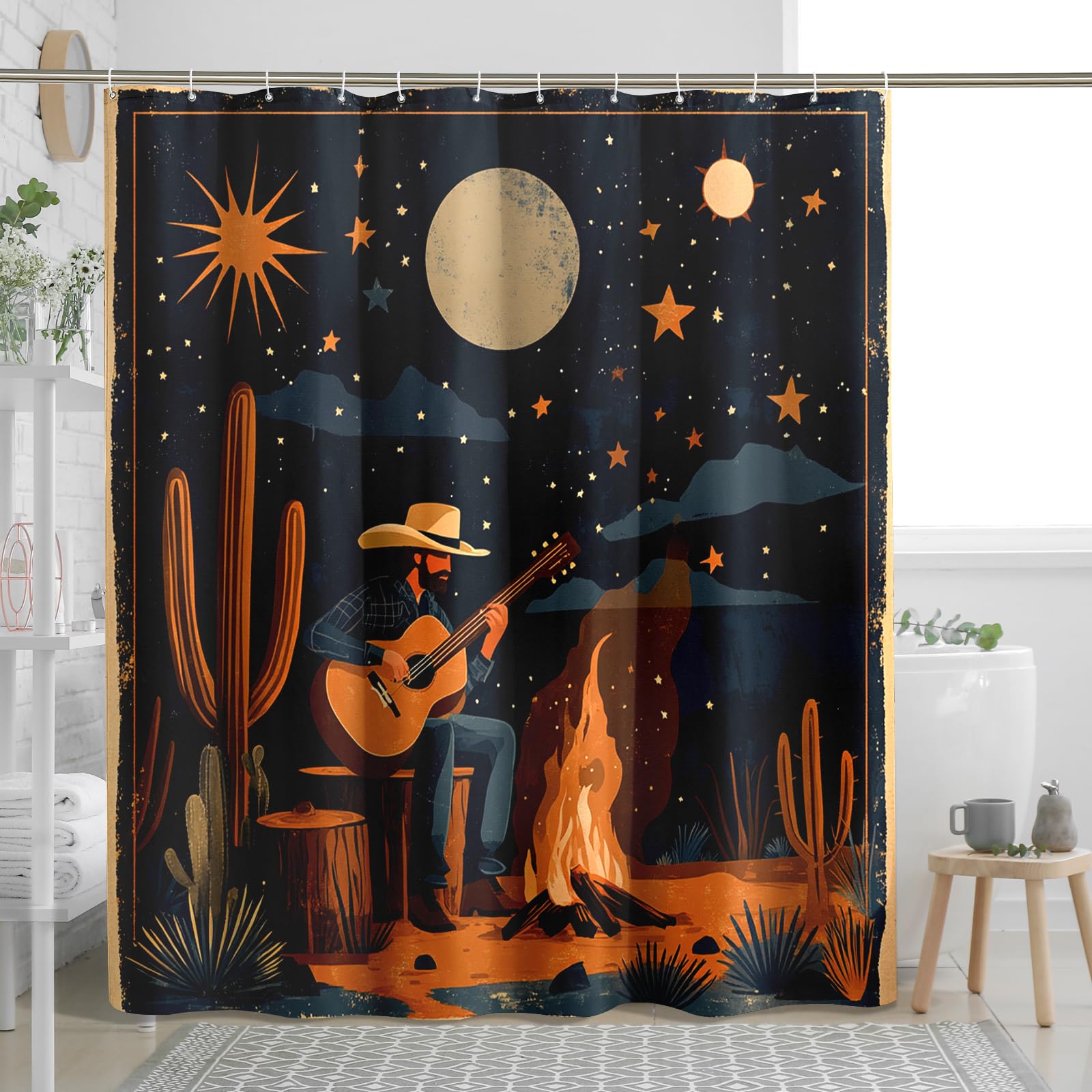 Rideau de douche Western Cowboy rétro imprimé avec accessoires de salle de bain amusants