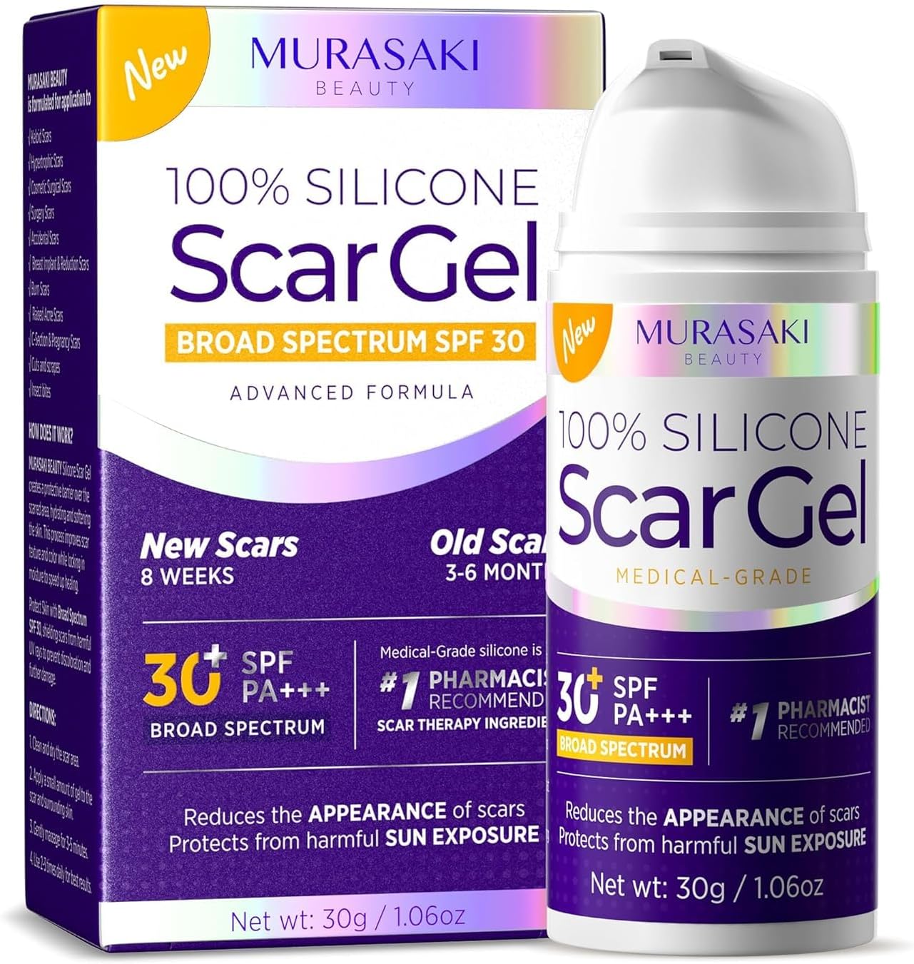 Silicone Scar Gel Scar Cream - SPF 30 Medical-Grade Formula for Surgical Scars, C-Section, Stretch Marks, Injury, Burns, Keloids, Old and New Scars