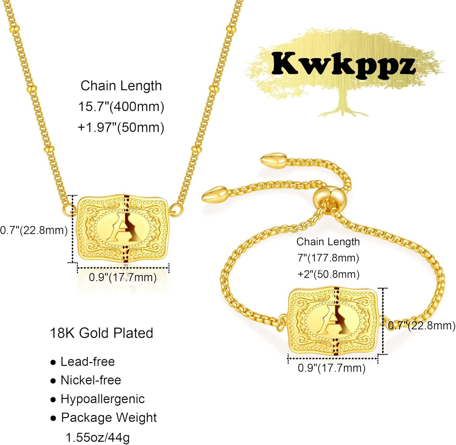 2 Pcs Belt Buckle Initial Necklace Bracelet Jewelry Set for Women, 18K Gold/Silver Plated Belt Buckle Initial A-Z Necklace Bracelet Set Unique Western Style Jewelry Gifts - Image 5