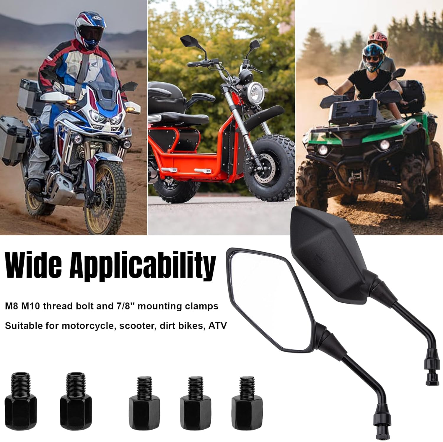 Universal Motorcycle Mirrors Hawk-eye Side Mirrors with 8/10MM Screw and 7/8" Handlebar Mount Clamp Compatible with Dirt Bike, Scooter, ATV, Moped - Image 2
