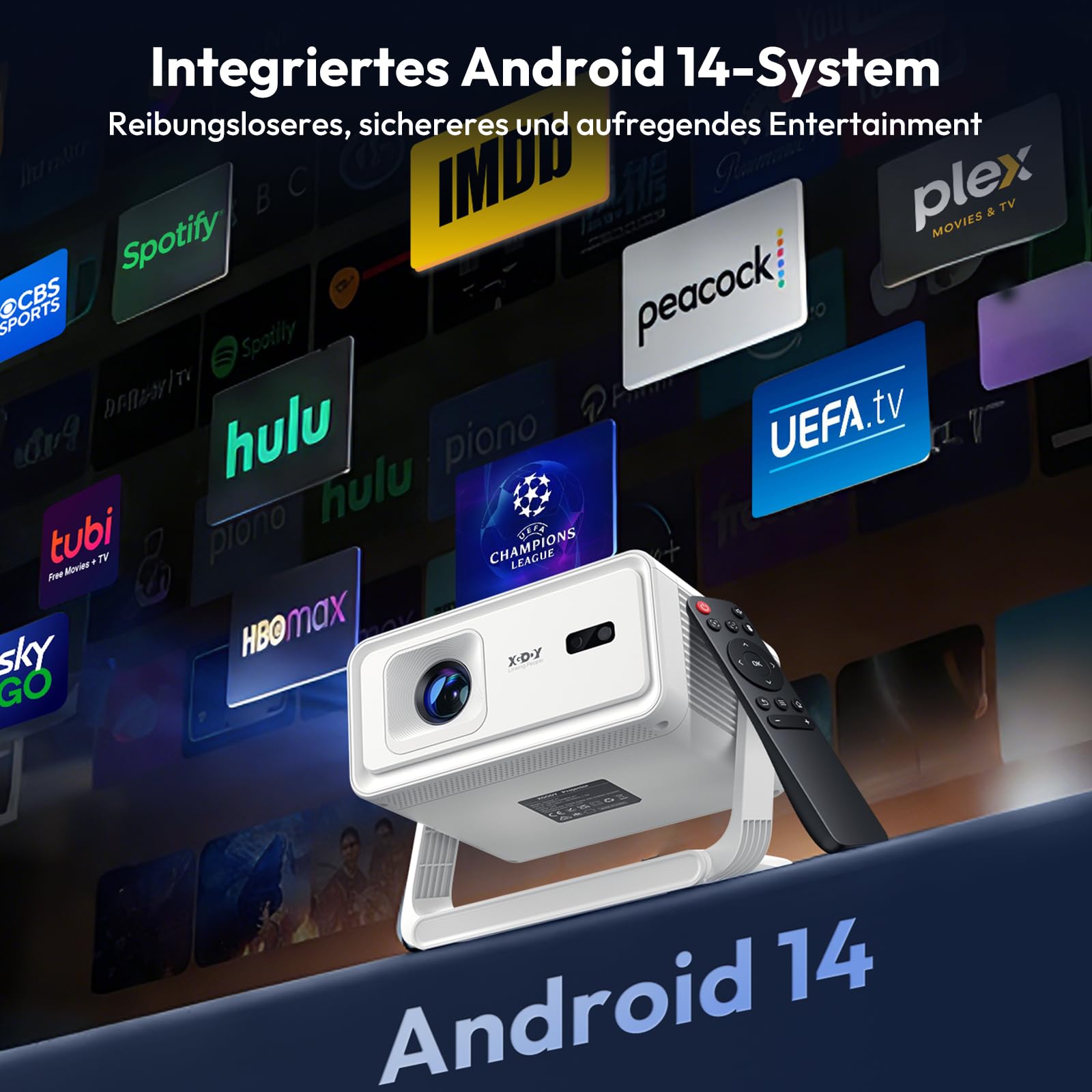 Xgody A1 Mini Beamer 260 ANSI Unterstützt 4K & 8K Heimkino Native 720P | 6D Auto-Trapezkorrektur, Autofokus, 180°Drehung, Android 14, WiFi 6 Bluetooth 5.4, tragbar Projektor für Handy, Schlafzimmer