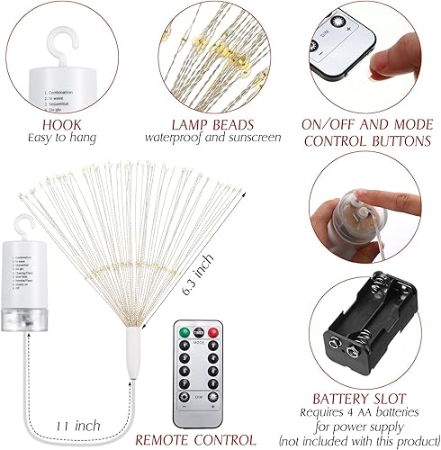 Miniatura 2 de Baquler Paquete de 16 luces de fuegos artificiales LED colgantes con diseño de explosión de estrellas con control remoto, impermeables, luces