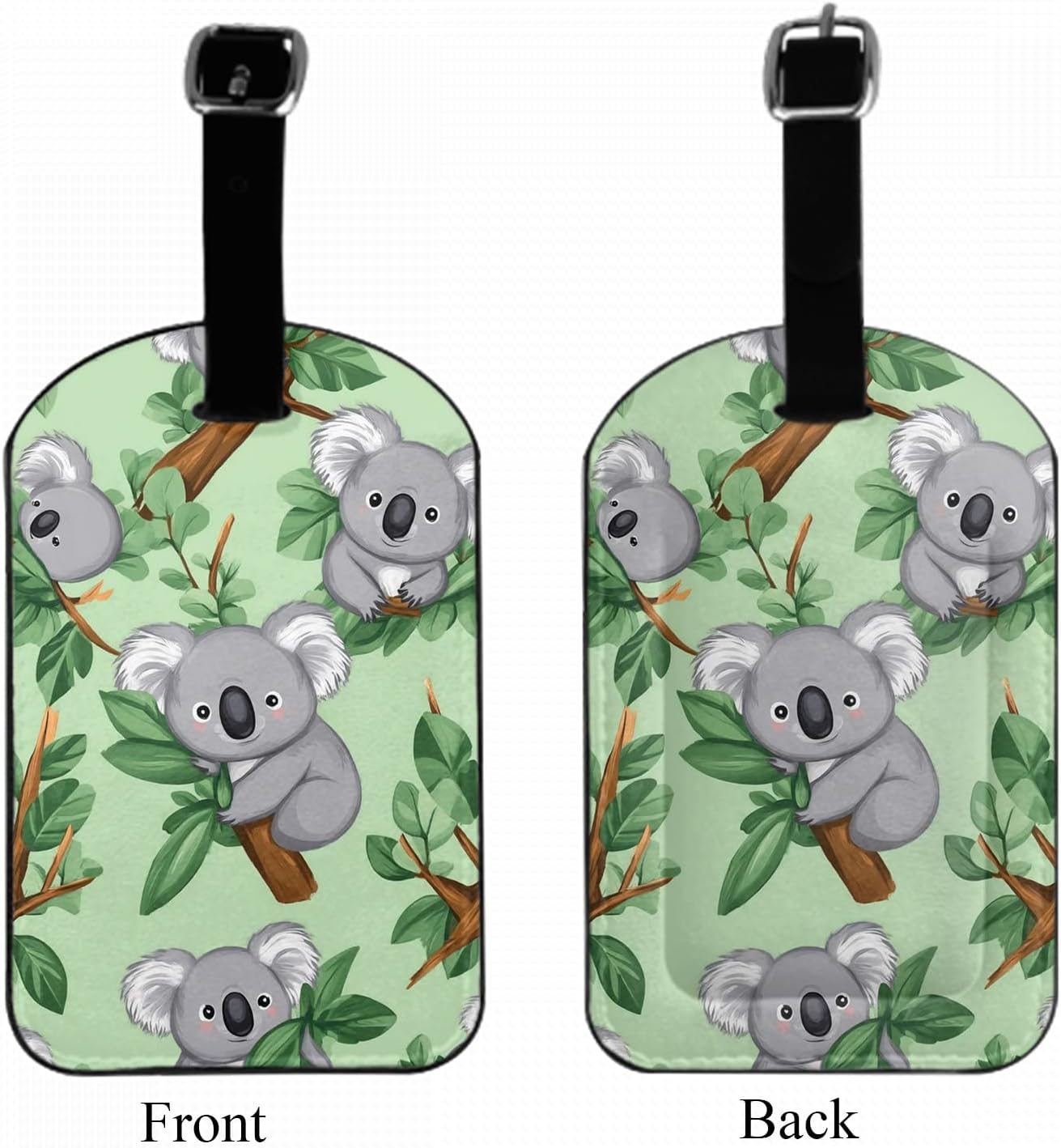 Zoczos Cute Koalas Leather Luggage Bag Case Tags Baby On Tree Branches Cartoon Green Leaves Animal Wildlife Baggage Suitcase Labels Name Tags Travel Accessories for Adult Women Men, 1 Pack