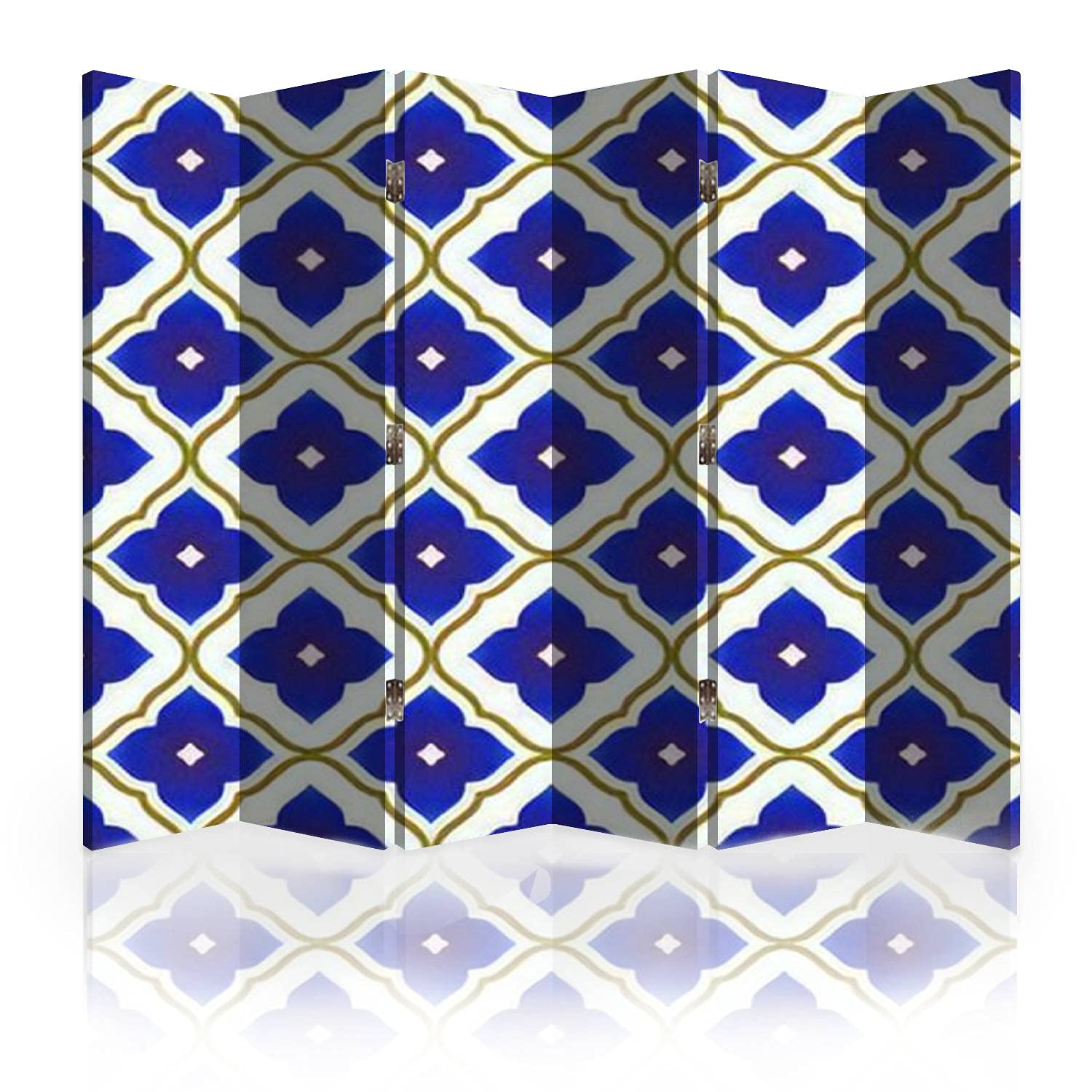 Canvas Room Divider Screen Ceramic Thai Pattern benjarong Style Seamless Porcelain Blue and Gold Room Separator Folding Screen Privacy Partition Wall Dividers for Rooms 6 Panels