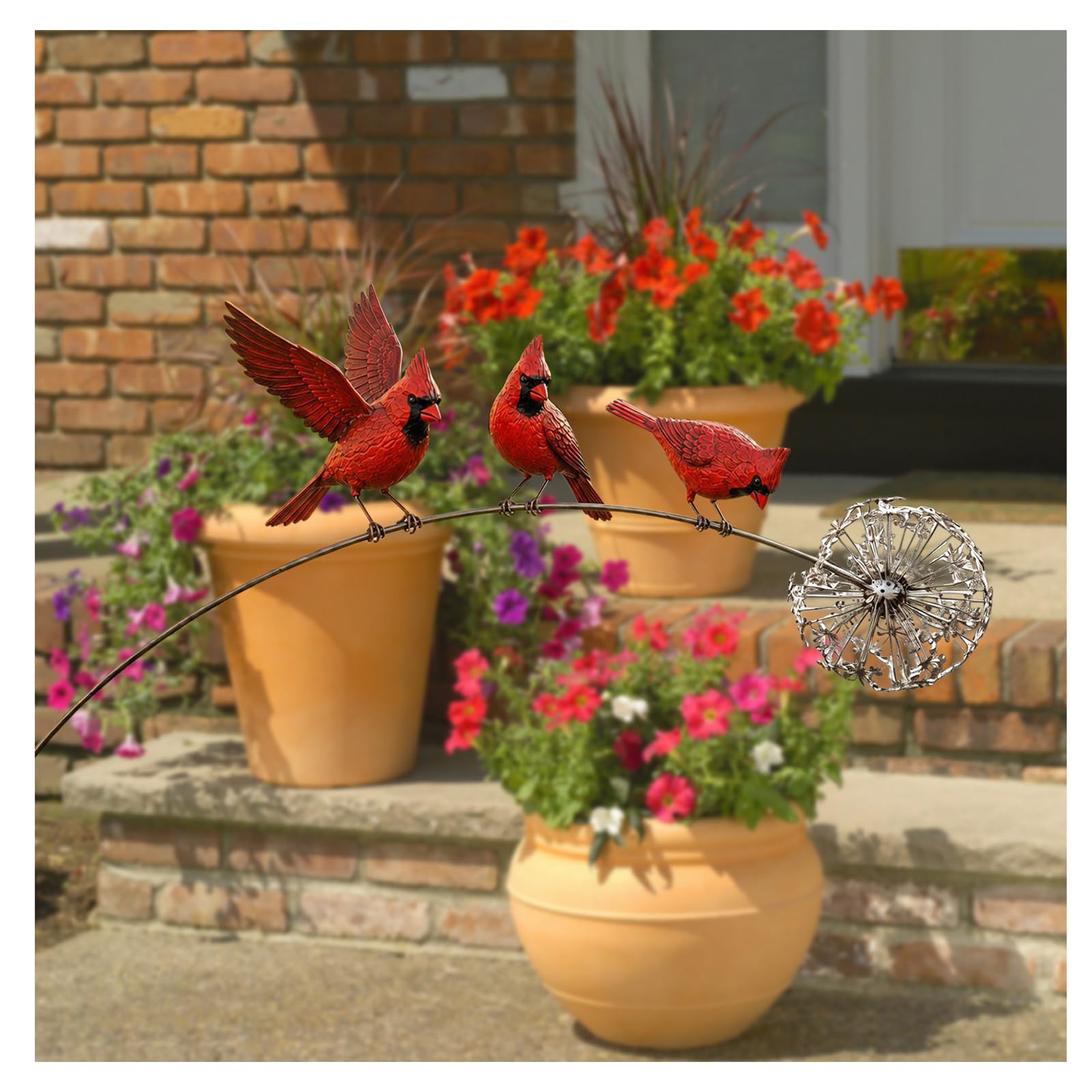 Metal Robin Garden Ornament Outdoor, 3 Hand-Painted Robins Dandelion Accent on Branch, Weather Resistant Garden Sculpture & Iron Garden Ornament, Decor for Patio Lawn Balcony Indoor & Robin Gift (C)