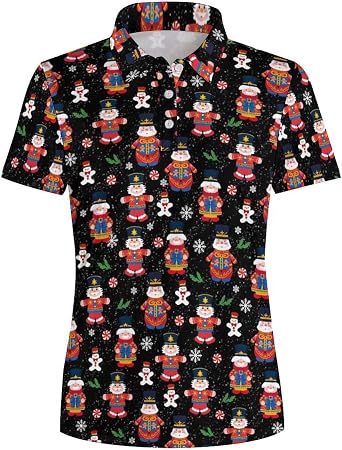 Womens Golf Shirt Christmas Santa Claus Polo Shirts Short Sleeve Golf Outfits Golf Tops Ladies Golf Shirts Gifts
