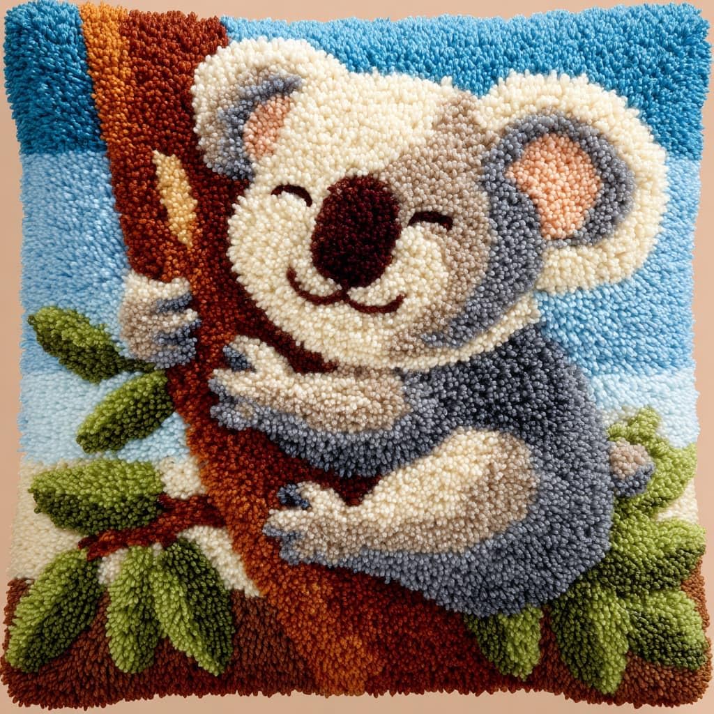 Taxpy DIY Latch Hook Pillow Kits, Koala Throw Pillow Cover Pre-Printed Patterns Pillowcase Needlework Crochet Yarns Latch Hooking Cushion for Sofa Decor 17x17inch