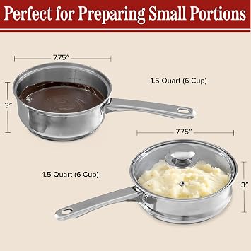 6 Cup Double Boiler Pot Set 1.5 Quart Stainless-Steel Saucepan 2-in-1 with Vented Glass Lid Kitchen Cookware with Measurements by Classic Cuisine | 1.5 Quart Stainless-Steel Saucepan 2-in-1 with Vented Glass Lid, Kitchen Cookware with Measurements