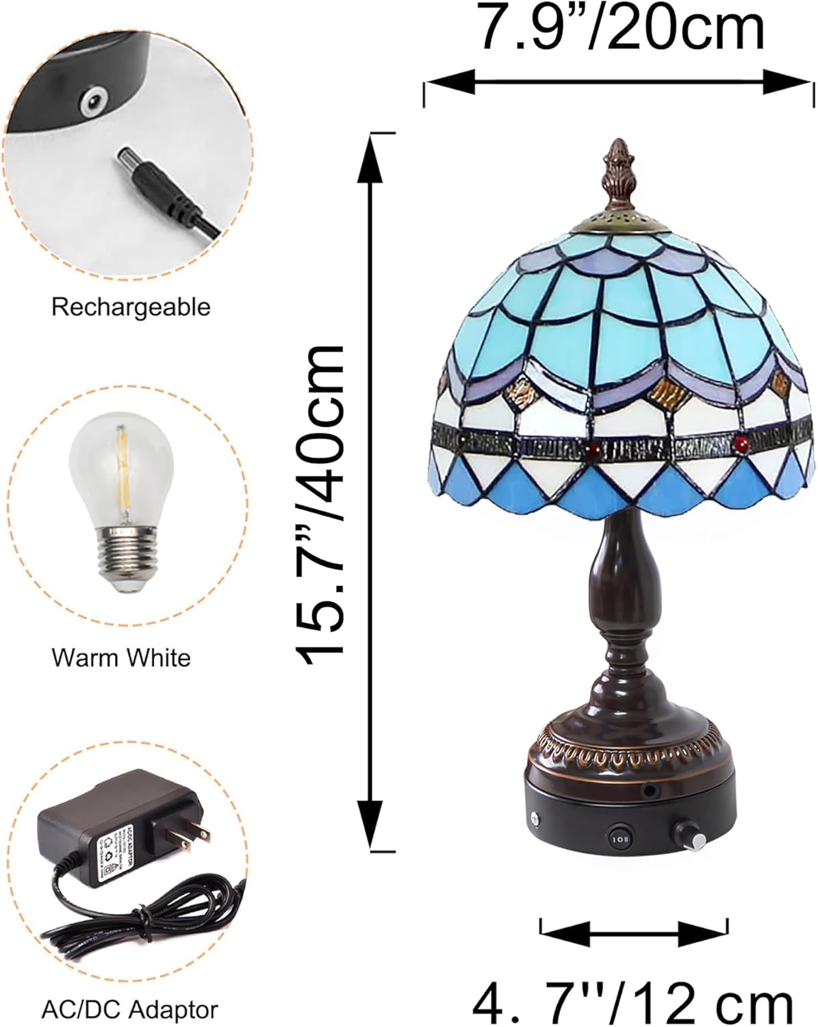 Kiven Cordless Table Lamp,1-Light Dimmable Bedside Lamps for Nightstand with Pink Glass Lampshade, Tiffany-Style Rechargeable Desk Lamp for Reading Home Decor Bedside TD0759