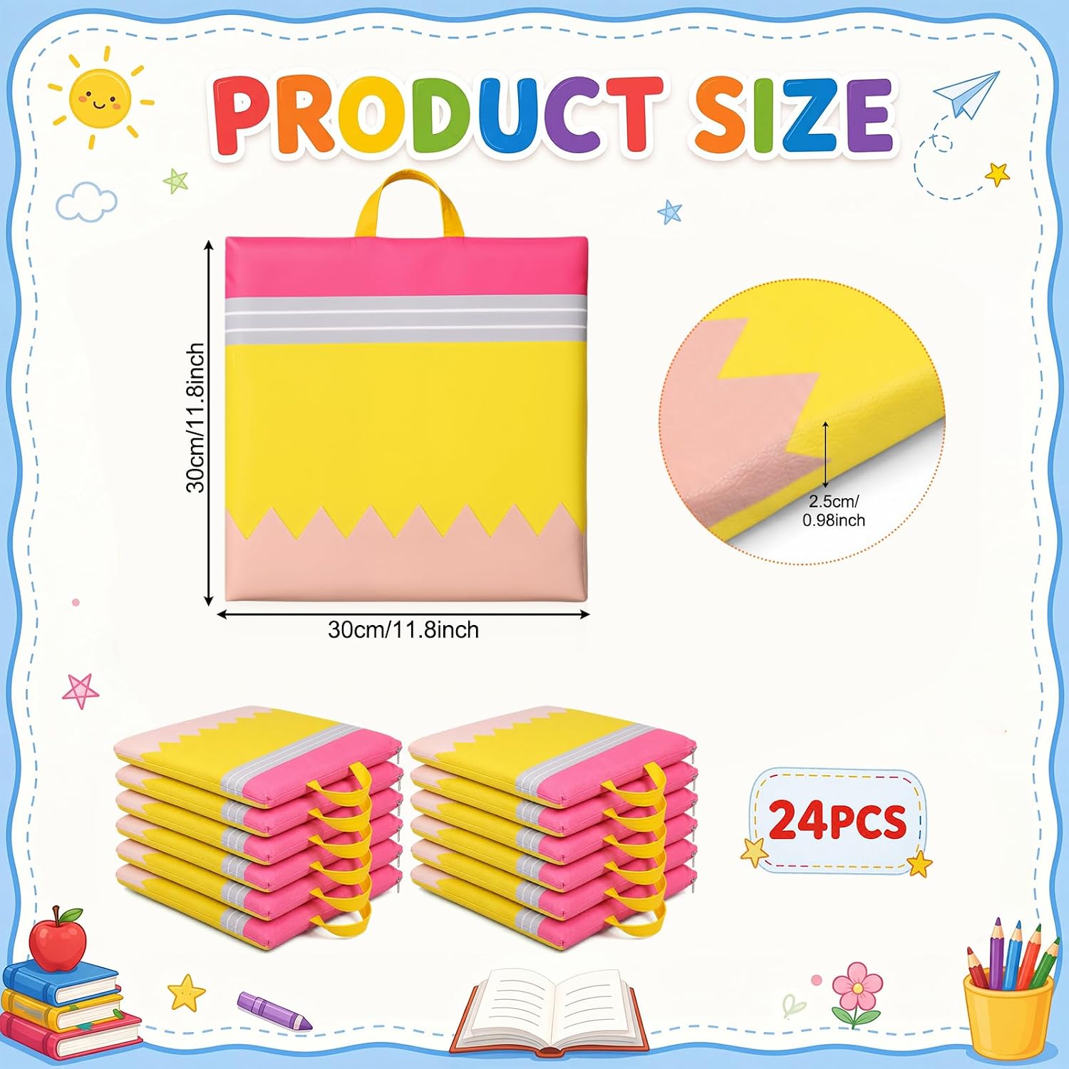 Beeveer 24Pcs 12'' Floor Cushions with Handle for Kid Classroom Flexible Seating Square Floor Pillow Waterproof Cushions Seating for Toddlers Daycare Nursery Preschool School Home(Yellow,Pencil)