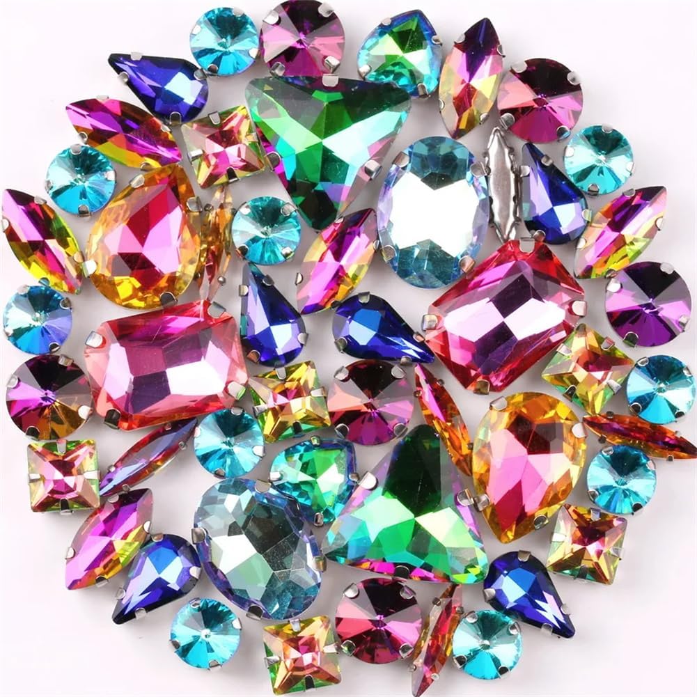 Glass Rhinestones, Sew on Rhinestone Glass Crystals, On Claw Rhinestones Mixed Shapes Multicolor Pack of 50 Pieces(50pcs Jelly Candy Mix)