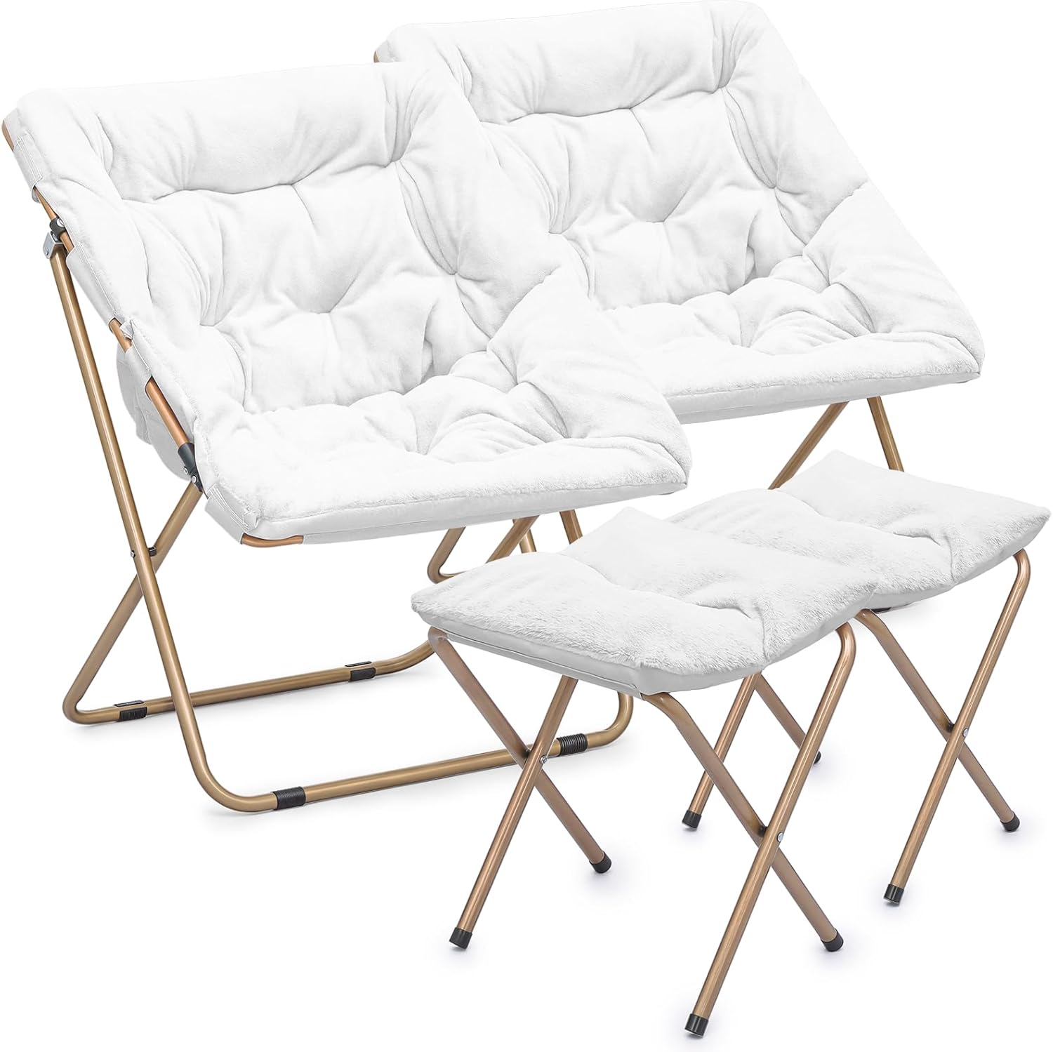 Magshion Oversized Folding Chair for Adults, Reading Chair with Ottoman, Faux Fur Fluffy Circle Accent Seat Comfy Living Room Lounge Chair for Bedroom Corner, Dorm, Apartment (White, Set of 2)