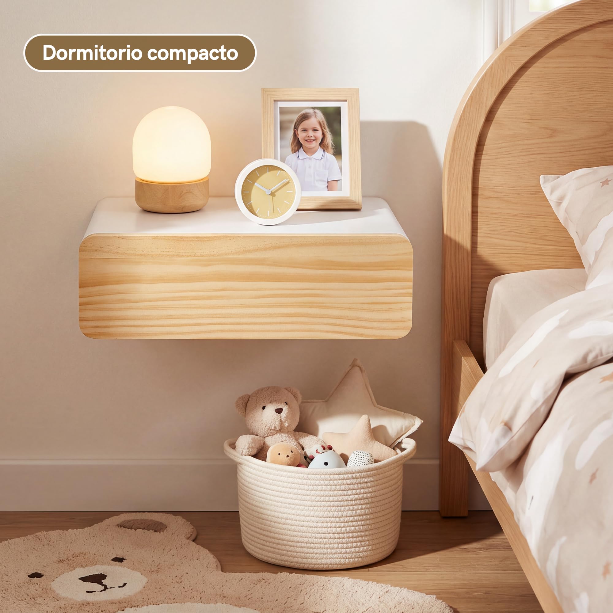 SUMGAR Mesita de Noche Flotante Blanca con Cajón Mesa de Noche Dormitorio | Premontada, Mesilla de Pared de Madera, tirador oculto, esquinas redondeadas, 28,5 x 40 x 13cm, hasta 8kg, espacios pequeños