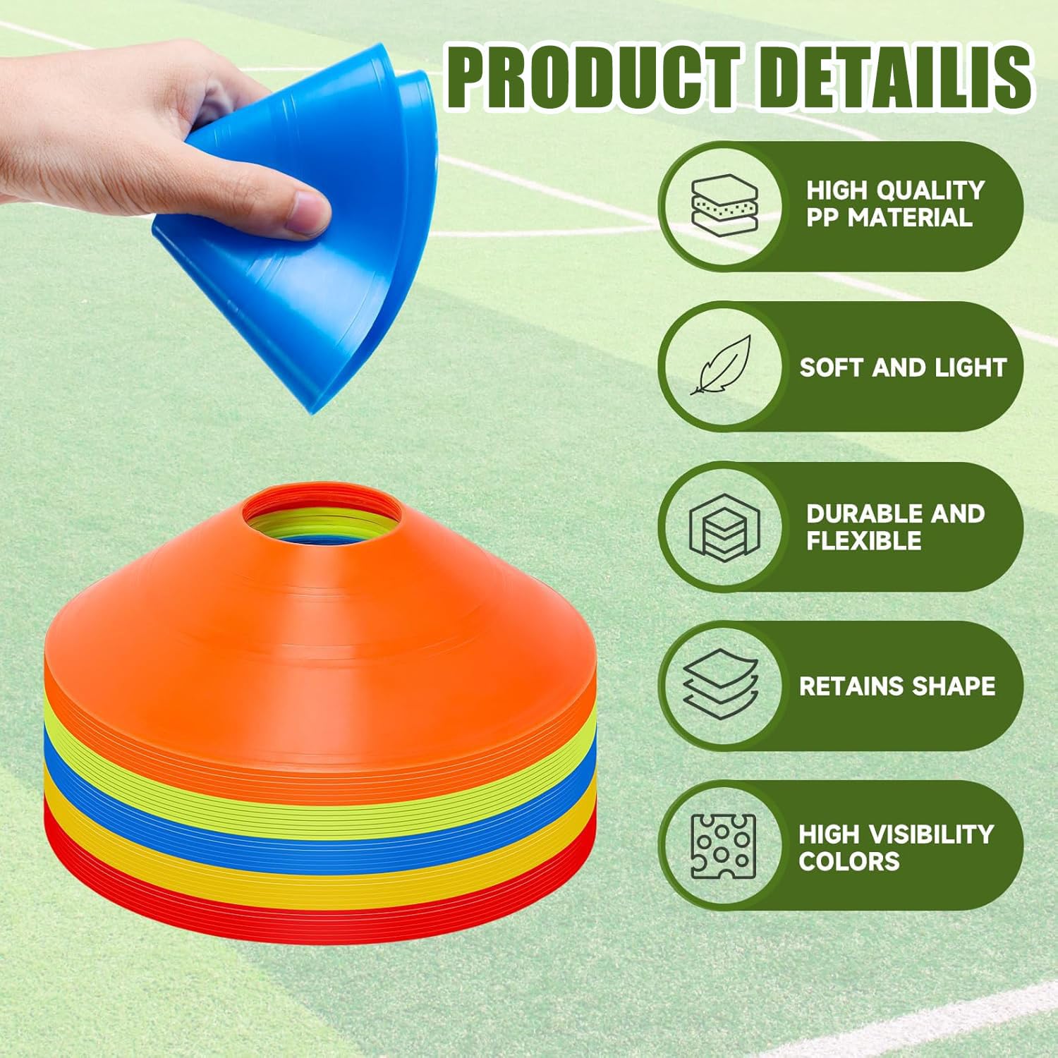 Lot de 100 cônes d'entraînement d'agilité de football, 5 couleurs avec sangle, cônes de marquage d'espace pour le football, le basket-ball et l'entraînement d'agilité