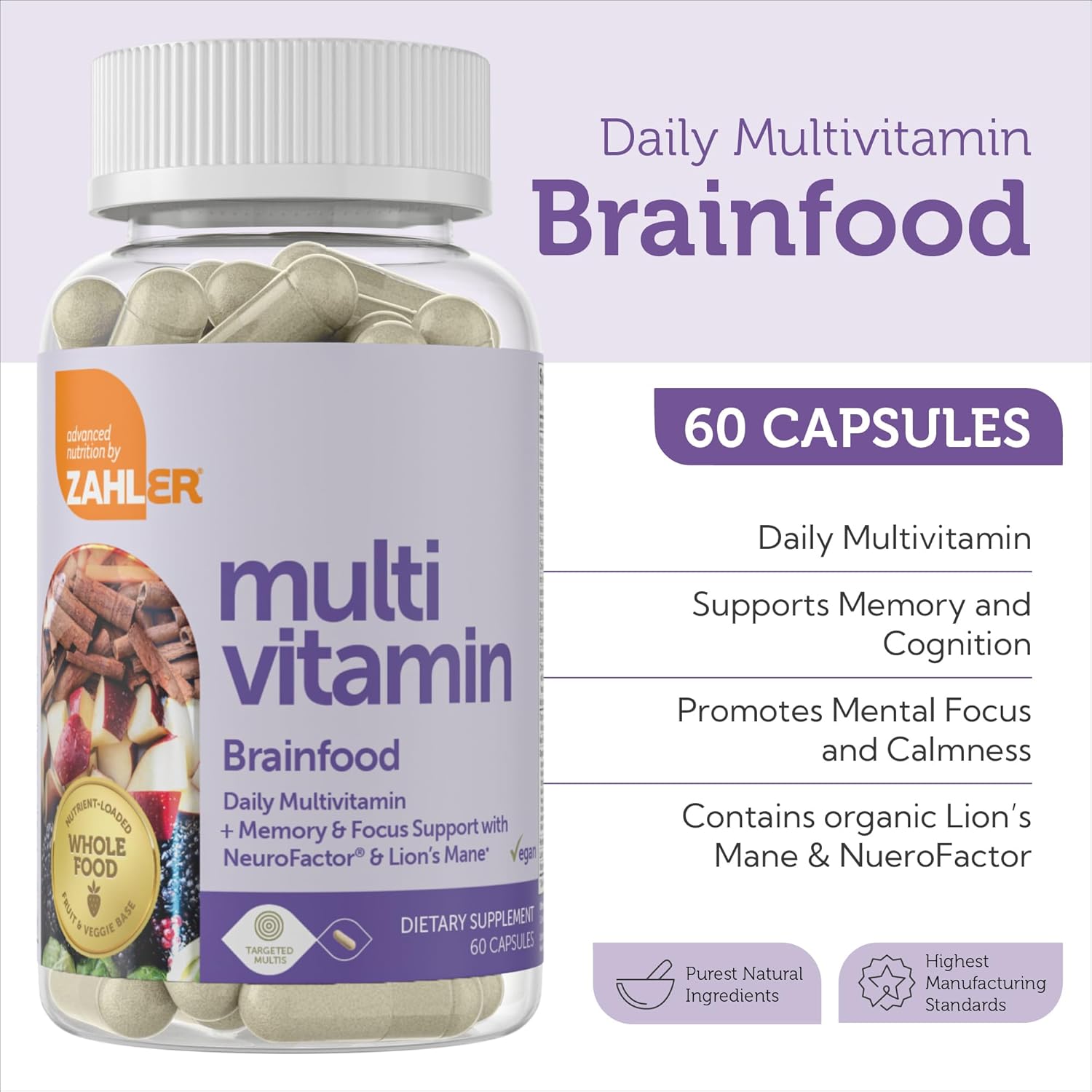 Zahler - Multivitamin Brain Supplement (60 Count) Kosher Brainfood Capsules for Adults with Neuro Factor & Lion's Mane - Nootropic Brain Supplements for Memory Support - Focus Mental Energy Boost - Image 3