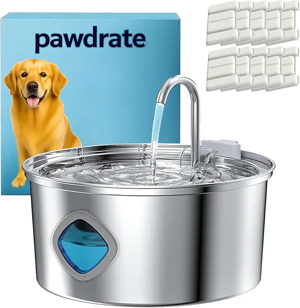 Pawdrate Dog Water Fountain, 3.2L/108oz Filtered Dog Water Bowl Dispenser, Automatic Circulating Quiet No Spill Water Bowl with Quadruple Filtration for Small Large Dogs & Cats (10 Filters, 3.2L)