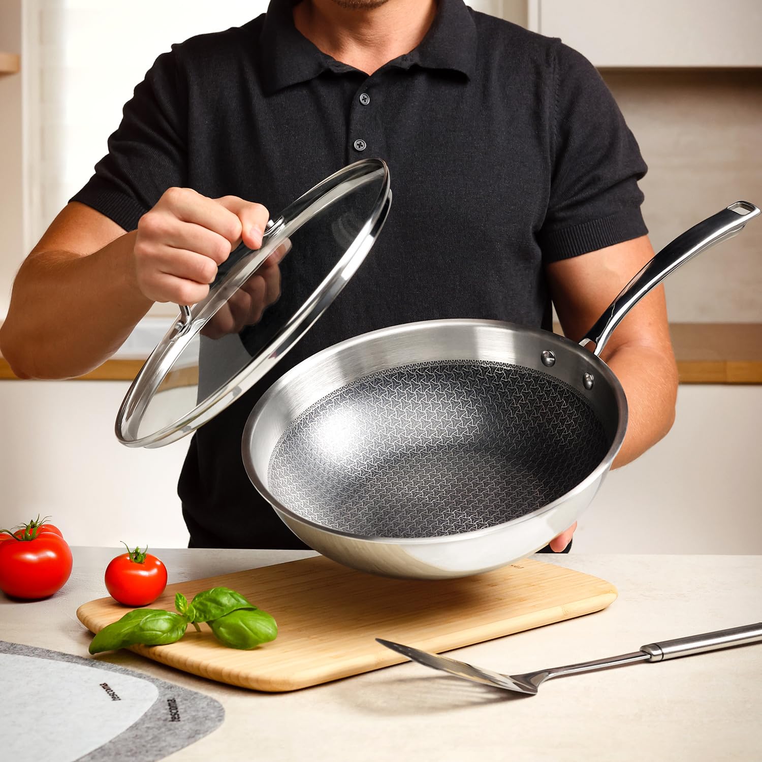 Tescoma 780569 Wok 28cm inox antiaderente, coperchio vetro, induzione