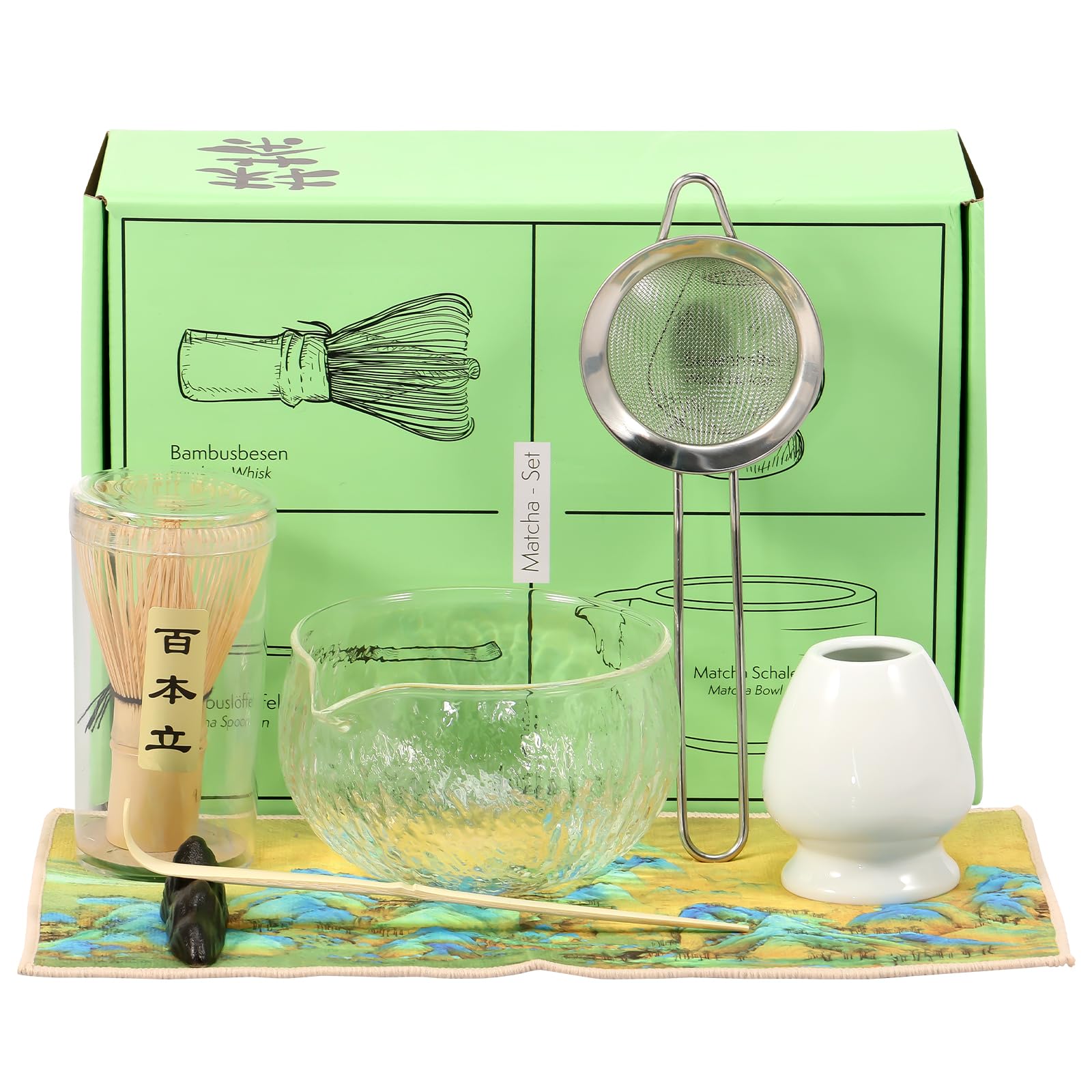 7Pcs Glass Matcha Whisk Set, Matcha Whisk and Bowl, Matcha Sifter, Matcha Whisk Holder, Matcha Making Kit, Matcha Whisk Stand Matcha Scoop, Matcha Bowl for Tea Lovers