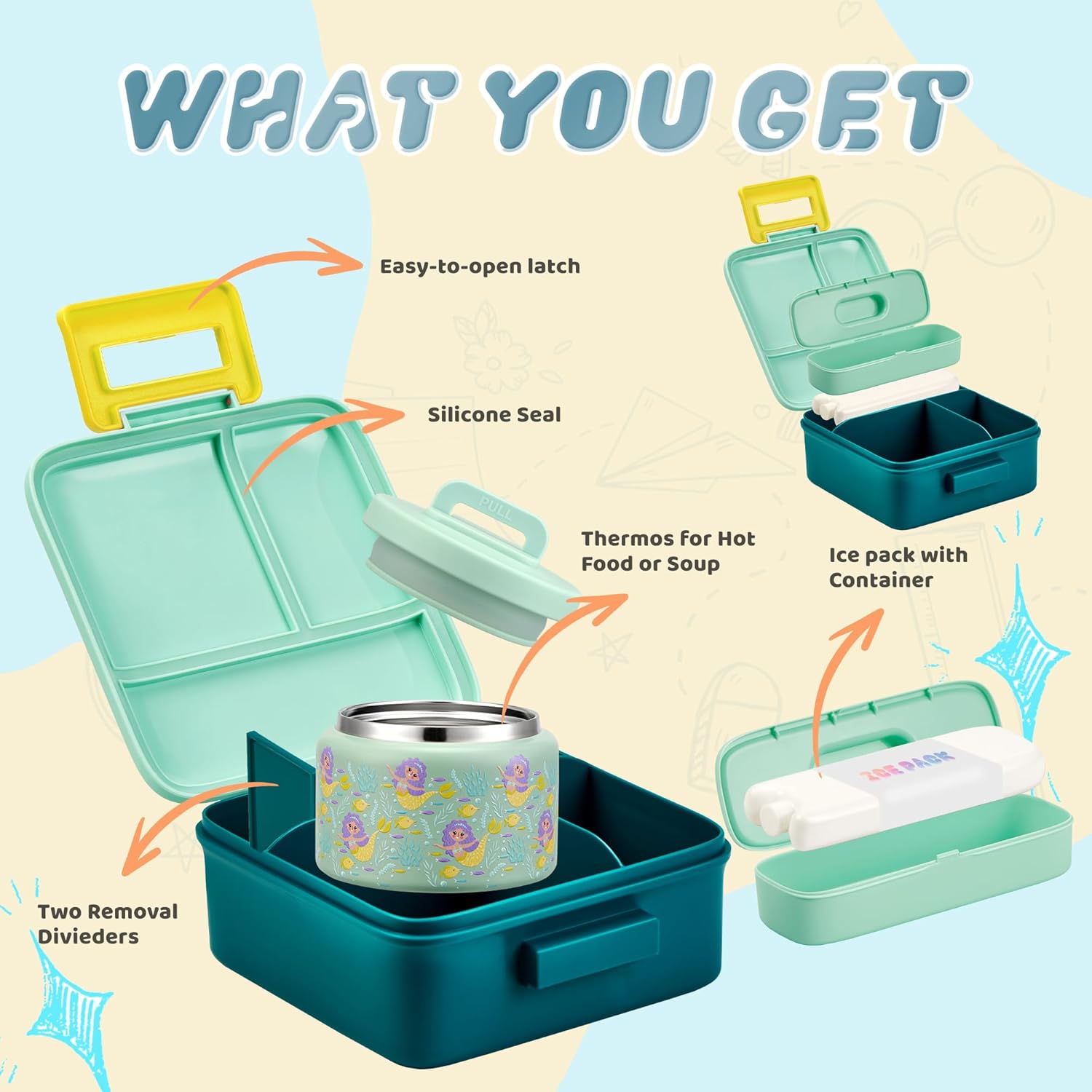 Bento Lunch Box for Kids with 8oz Soup Thermo Leak-Proof Lunch Food Containers with Snack Sauce Container for Kid Girls Boys to School (Yellow Mermaid) - Image 2