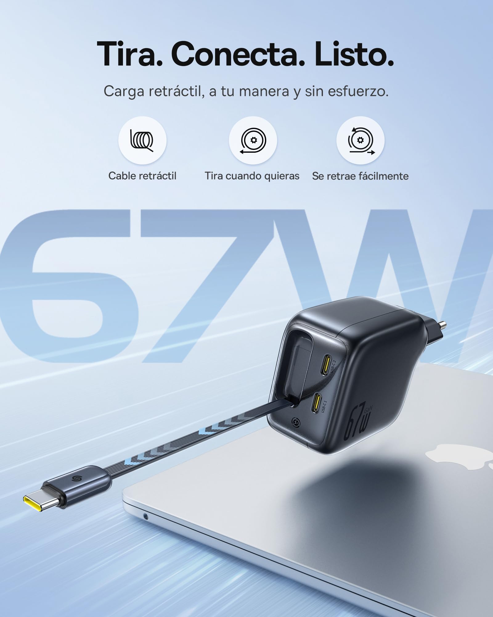 Baseus Enercore Cargador USB C de 67W con Cable Retráctil, Charger GAN con 2 Puertos USB-C, Cargador Rápido Compacto Compatible con MacBook Pro, DELL, HP, iPad, iPhone 16/15/14/13/12Pro, Galaxy S25