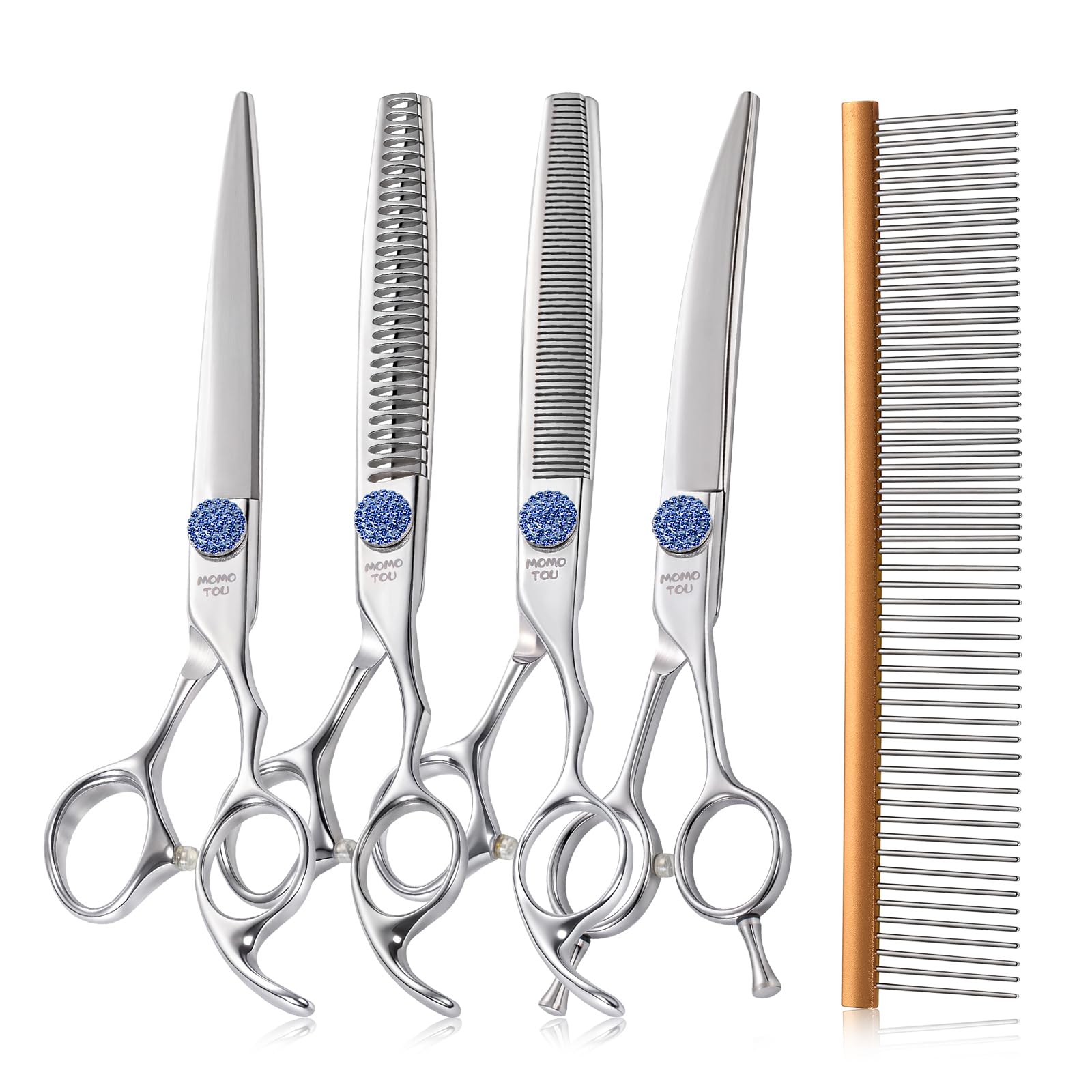 Momotou 7.5'' Dog Grooming Scissors Set with Blue Diamond Adjustable Screws CNC 440C Stainless Steel Thinner Chunker Straight Curved Shears with Comb