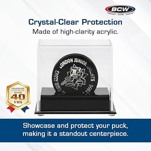 Miniatura 2 de BCW Estuche de exhibición de discos de hockey acrílico, 1 paquete, soporte de disco de lujo con base negra y cubierta transparente, perfecto para