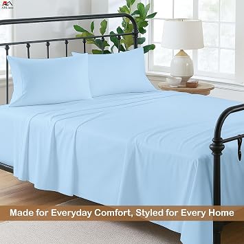 ARlinen プレミアムコットン RVシートセット - ライトブルー 無地 二段ベッドサイズ 106.7 cm x 203.2 cm キャンパー、キャンピングカー&トラベルトレーラー ボックスシーツ8-10インチの深いマットレス用、ソフトで通気性のあるRVベッド用寝具