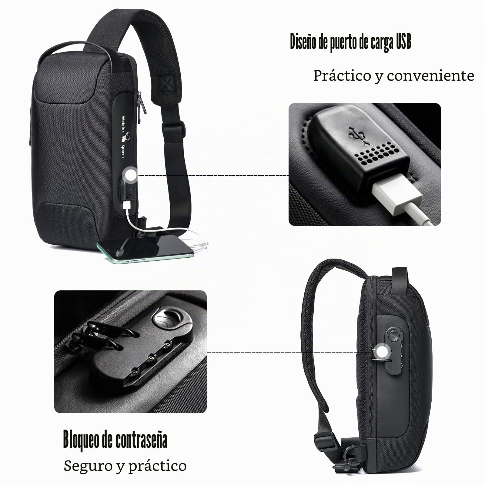 FANDARE Antirrobo Bolso Hombro Bolsa de Pecho Bandoleras Cruzada con USB Bandolera Bolsos Bandolera para Hombres Mujer Escolar Senderismo Viaje Multibolsillos Sling Crossbody Bag Poliéster Negro