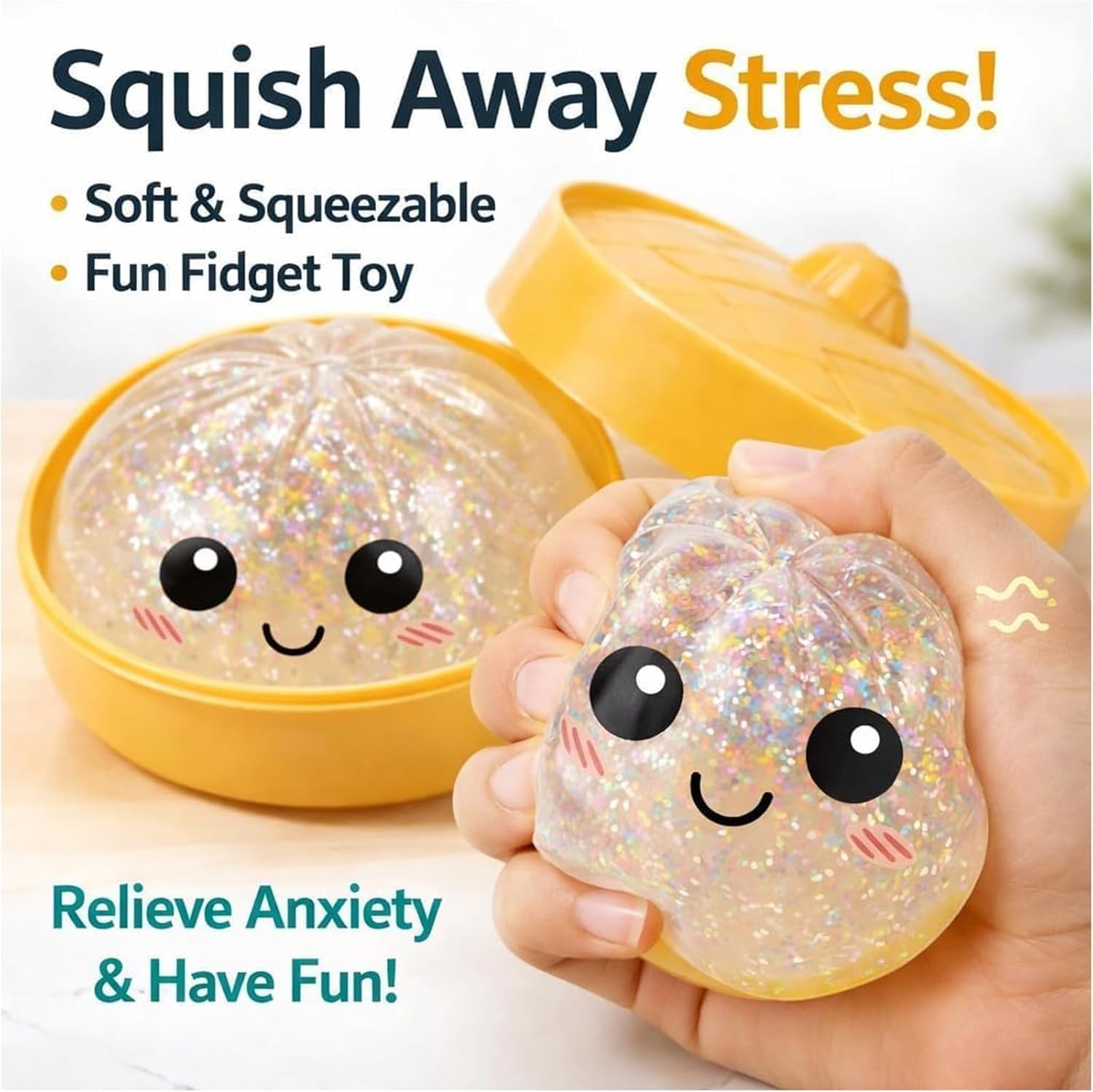 Glitter Dumpling, Glitter Dumpling Squishy Box, Dumplings Squishy for Stress Relief, Soft Squeeze Decompression Dough with Food Steamer - 2