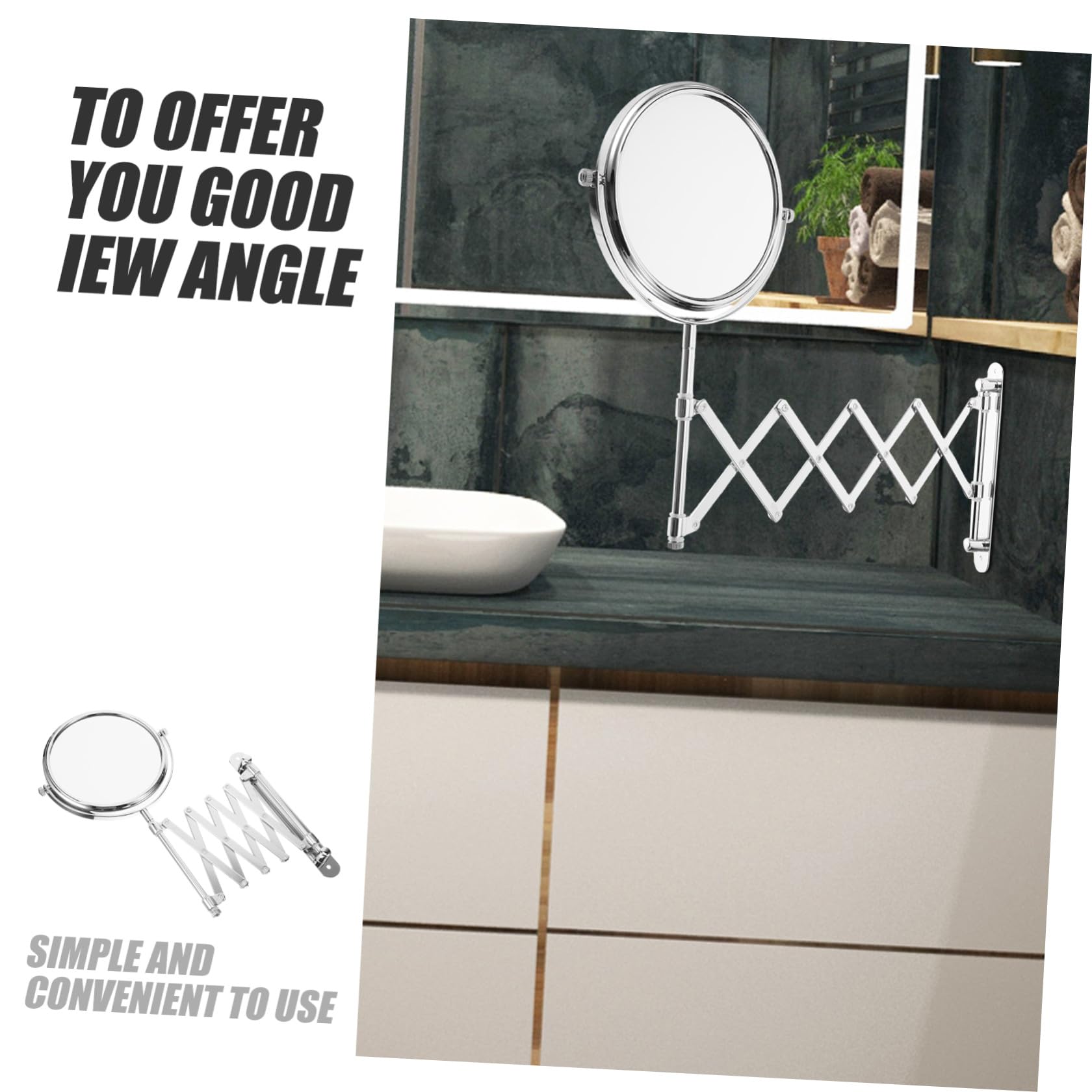 Specchio da Bagno da Parete in Metallo Argento, Specchio Cosmetico Rotondo Estensibile a Doppia Faccia Ingrandimento 3x, Rotazione 360 Gradi per Trucco e Rasatura
