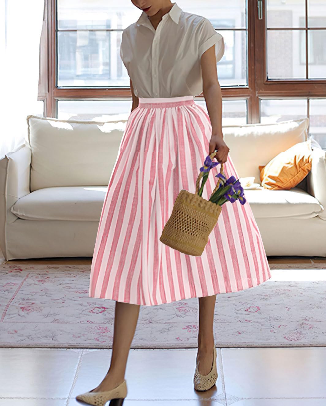 chouyatou Women's Vertical Striped Pleated Skirt Casual Elastic Waist A Line Swing Midi Long Skirt with Pockets - Image 3