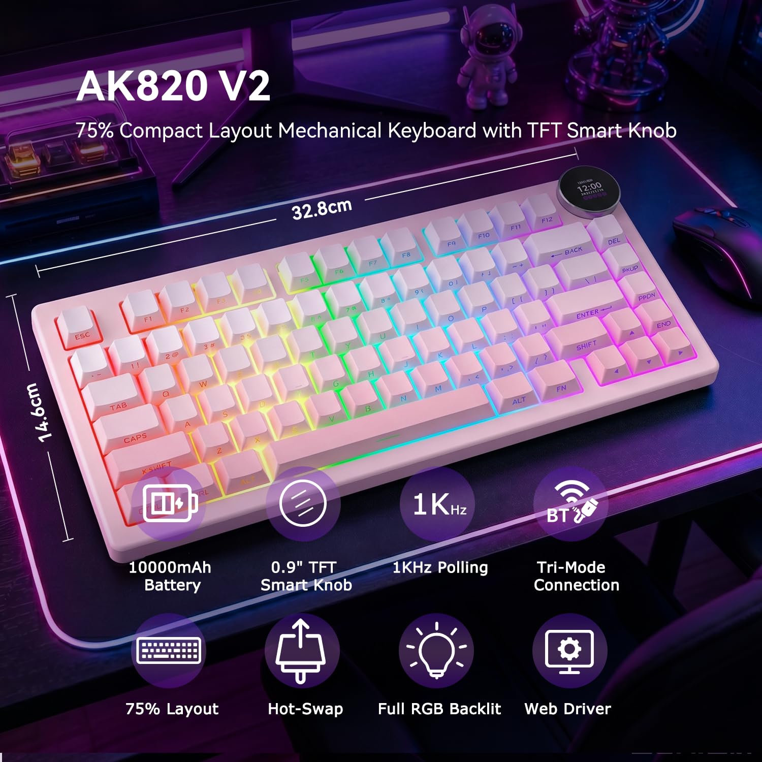 AK820 V2 75% Tastiera Meccanica Compatta, 81 Tasti, Tri-Mode (2.4G/Bluetooth/Wired), Batteria 10000mAh, Manopola TFT Smart Display 0.91", Montaggio Guarnizione, Hot-Swap, Retroilluminazione RGB