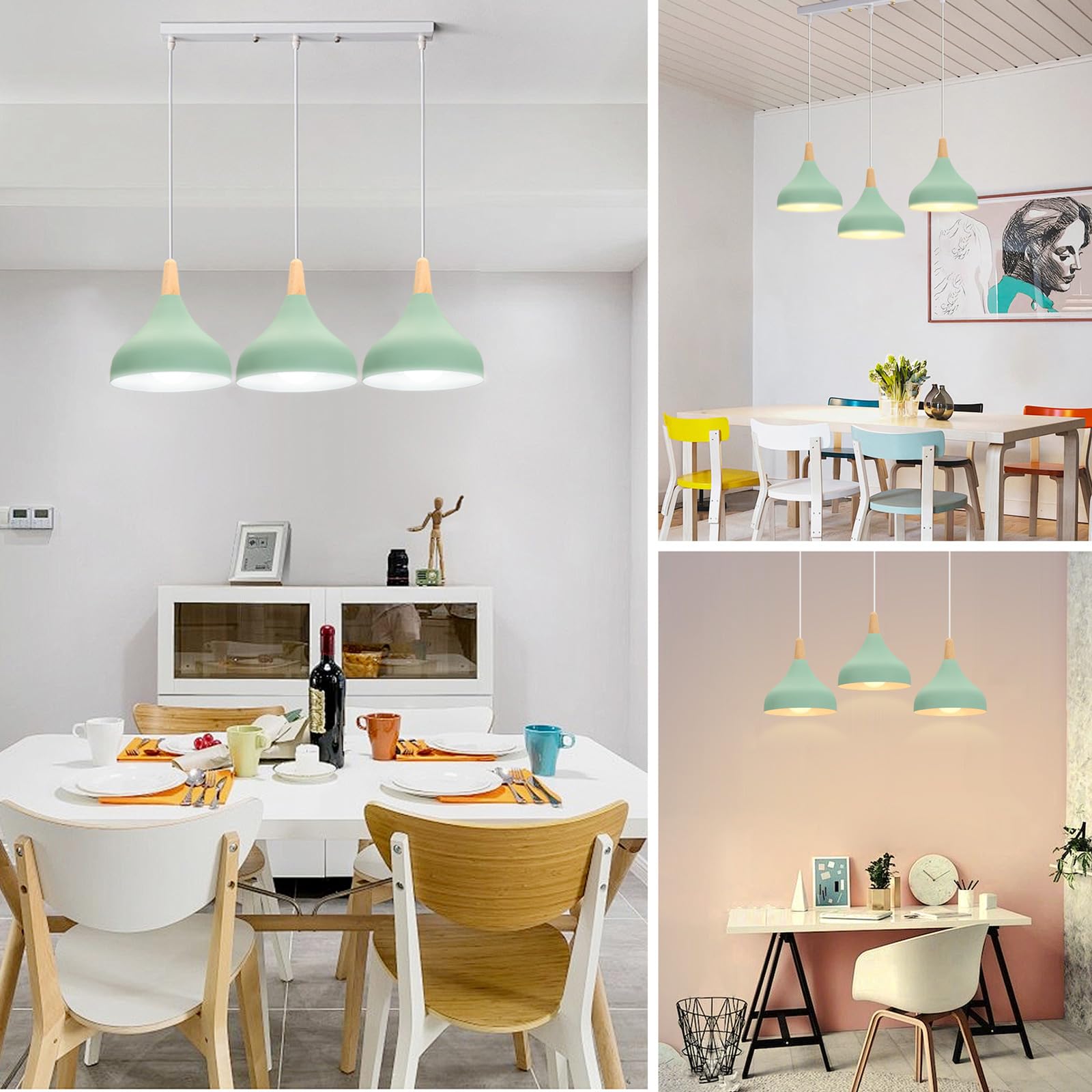 Lampadario A Sospensione retrò A 3 Luci, Stile Moderno E27, Plafoniera in Metallo E Legno per Camera da Letto, Cucina E Arredamento Casa (Giallo Chiaro, Rotondo, 20 Cm) Green Rectangle