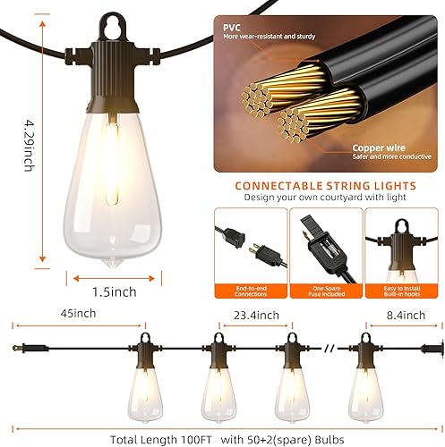 Miniatura 6 de Kawaya Tira de luces LED para exteriores de 100 pies con 50+2 bombillas Edison vintage inastillables, 2700 K, regulables, IP65, impermeables, para