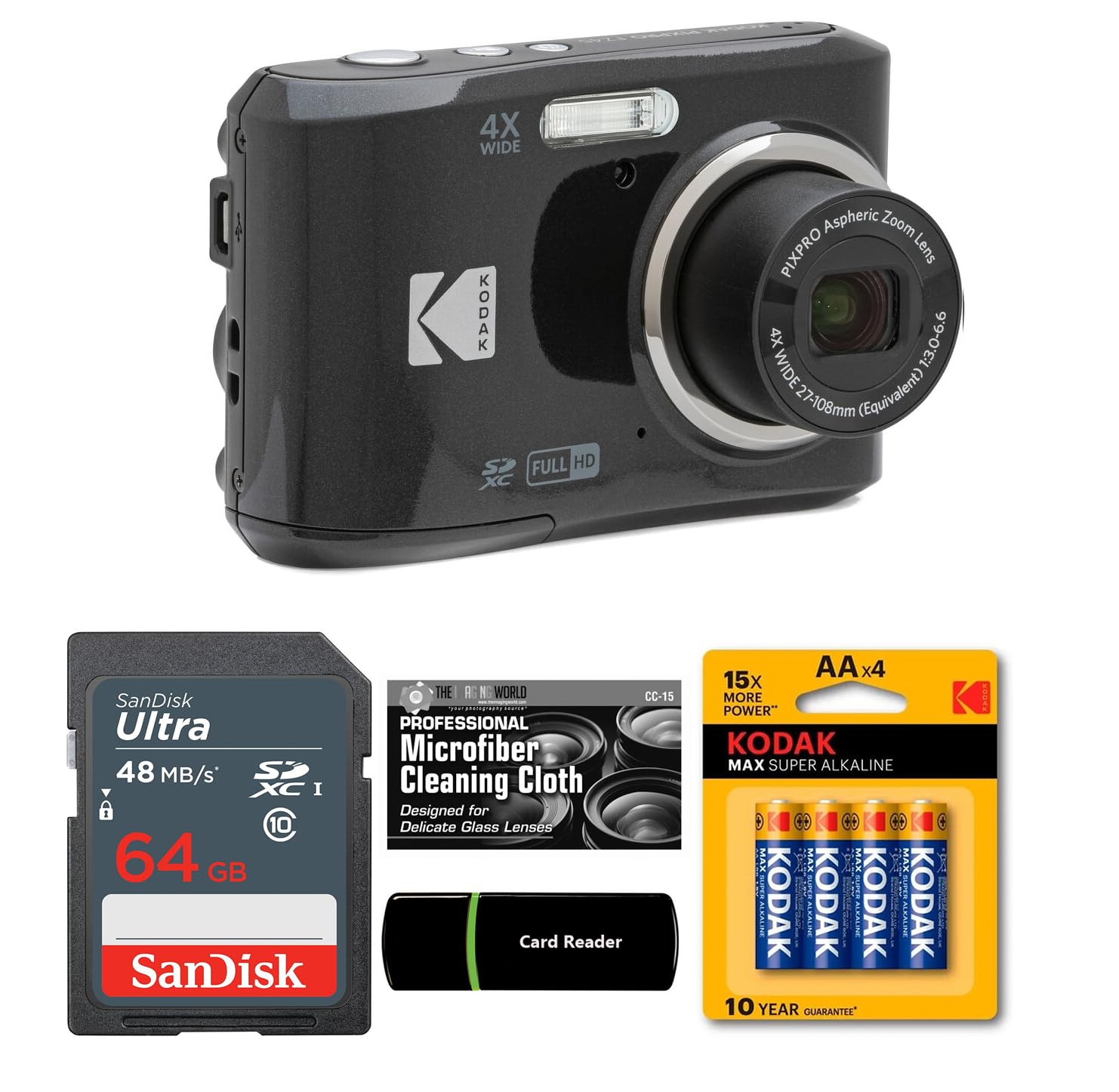 Kodak PIXPRO FZ45 - Cámara digital de 16 MP, zoom óptico 4X, gran angular, 1080P, video Full HD, cámara LCD de 2.7 pulgadas (negro) + tarjeta y lector de 64 GB + pilas AA (paquete de 4) + paño de