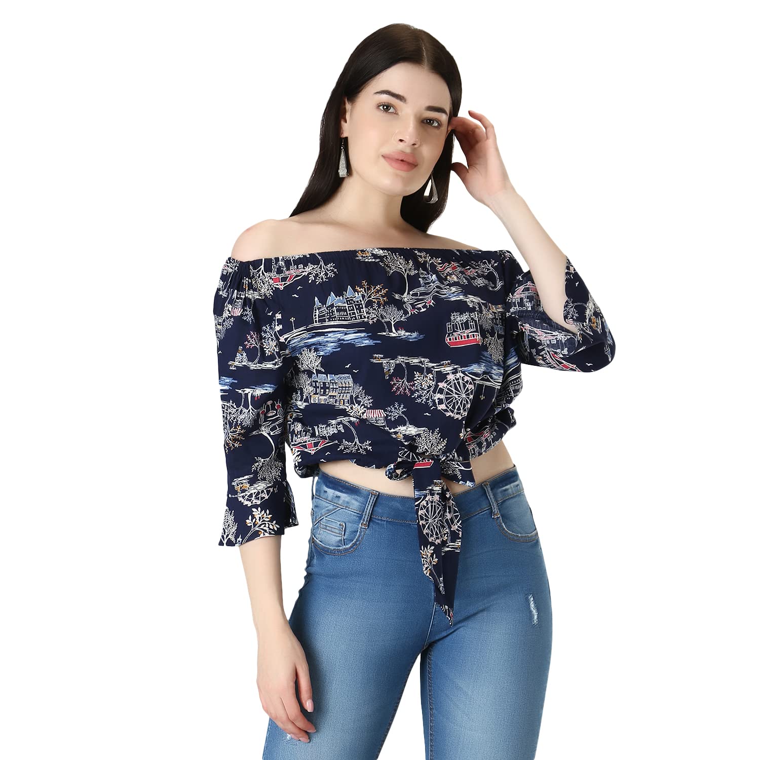 Lavozia Women's Top Off-Shoulder Printed Top (Medium, Blue)