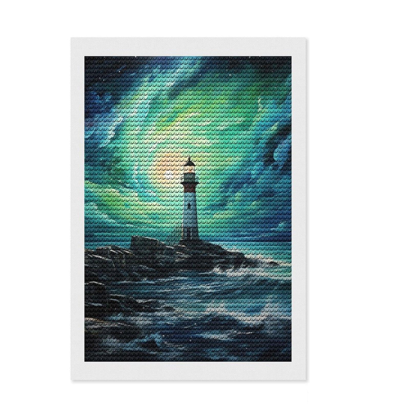 Junmoney Lighthouse with Green Sky Round Drill Diamond Painting 8"x12", with Tool Kit, Easy to Follow Symbols, Farmhouse Decor, for Craft Lovers