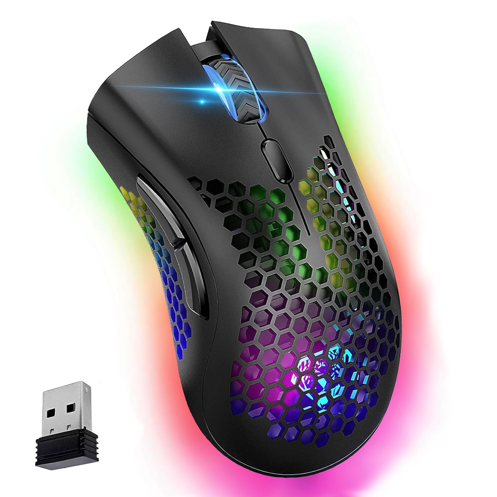 VEGCOOWireless Gaming Mouse, C8 Silent Click Rechargeable Computer Mouse with Honeycomb Tray, 3 Adjustable DPI 400 mAh Lithium Battery, USB Receiver, Ergonomic RGB Gamer Mouse for Laptop PC Mac