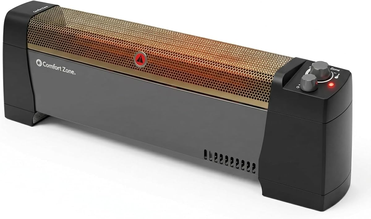 Comfort Zone Convection Baseboard Space Heater with Manual Thermostat | Convection baseboard heater with 2 heat settings and a manual adjustable thermostat knob for easy temperature control.